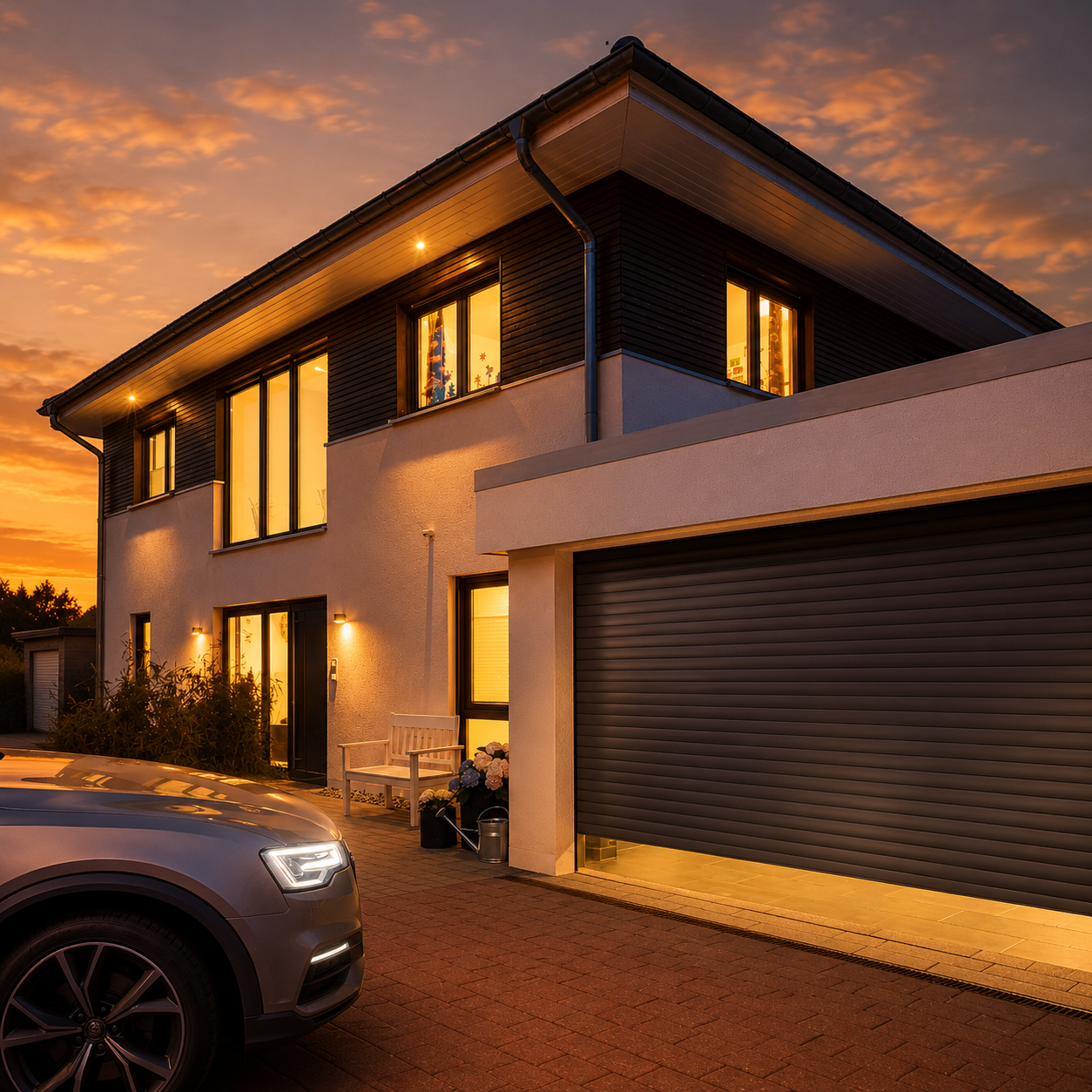 Maison moderne avec façade claire et partie supérieure en bois foncé, éclairée au crépuscule, avec voiture grise garée devant un garage fermé et fleurs près d'un banc blanc à l'entrée.