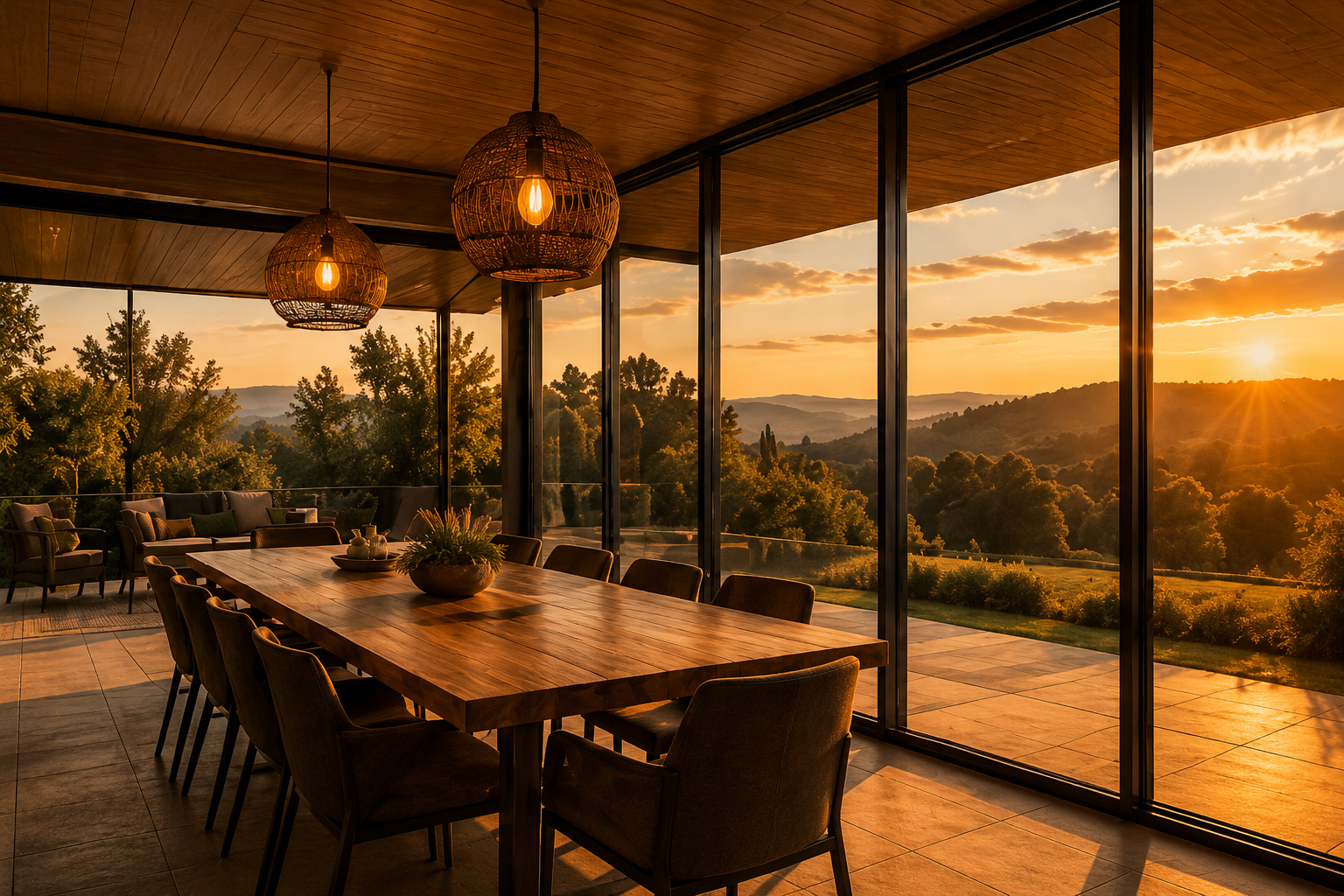 Salle à manger moderne avec grande table en bois et chaises, fenêtres panoramiques offrant une vue sur les collines verdoyantes au coucher du soleil.