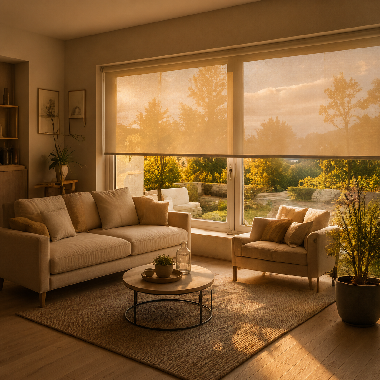 Salon lumineux aux tons beige avec canapé et fauteuil, table basse ronde, et grandes fenêtres donnant sur un jardin ensoleillé avec arbres verts.