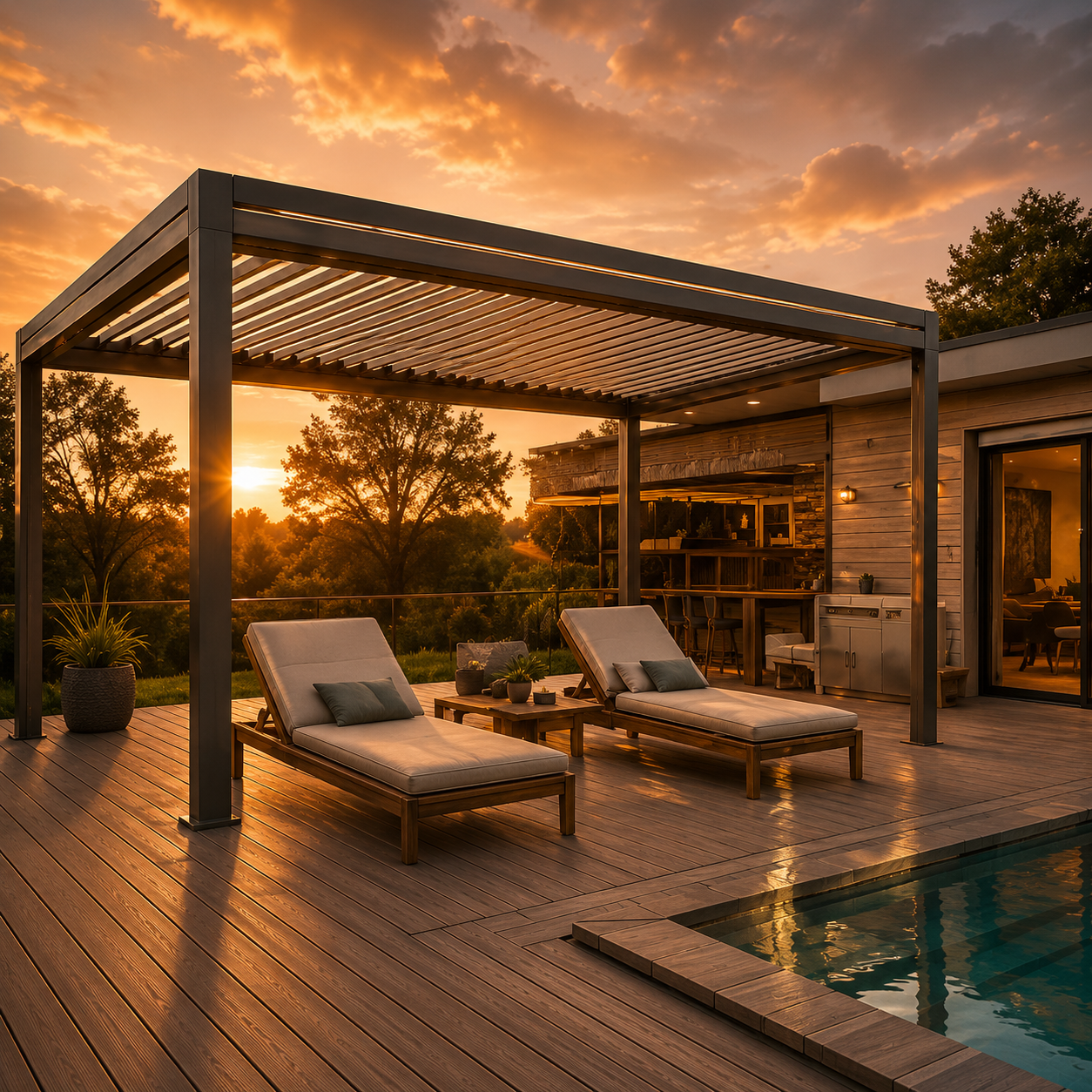 Terrasse en bois moderne avec deux chaises longues sous une pergola métallique près d'une piscine, au coucher du soleil avec arbres et ciel nuageux en arrière-plan.