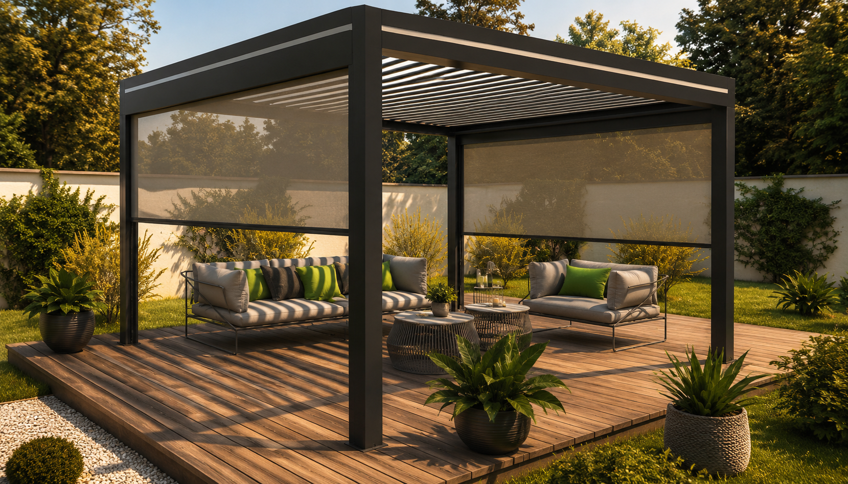 Pergola moderne avec toit ventilé, deux canapés gris avec coussins verts et noirs, tables basses rondes en métal tressé, pavillon en bois sur un jardin bien entretenu, entouré de plantes et d'arbustes.
