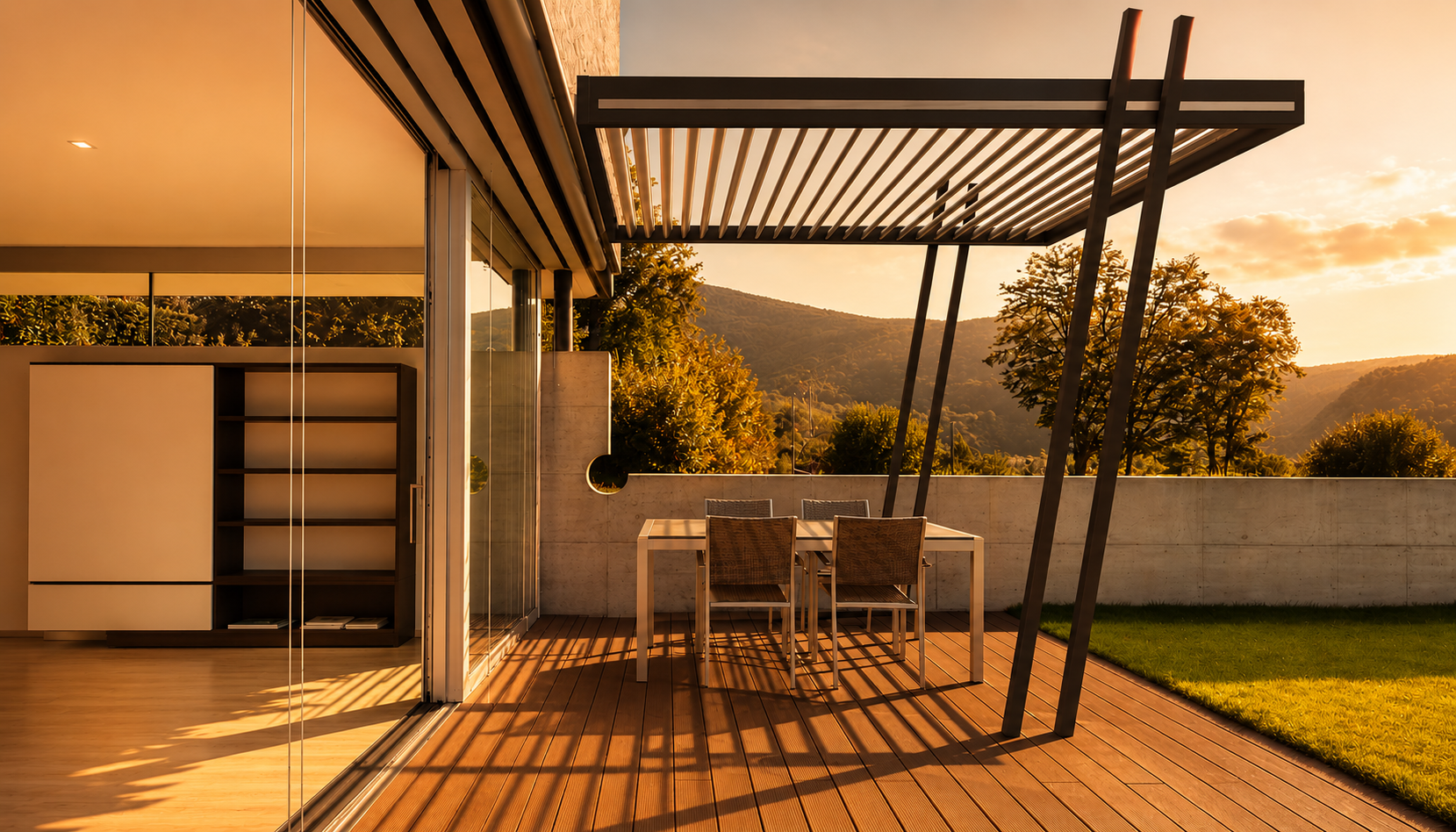 Terrasse moderne en bois avec table blanche et quatre chaises sous une pergola noire, vue sur jardin herbeux, arbres et montagnes au coucher du soleil.