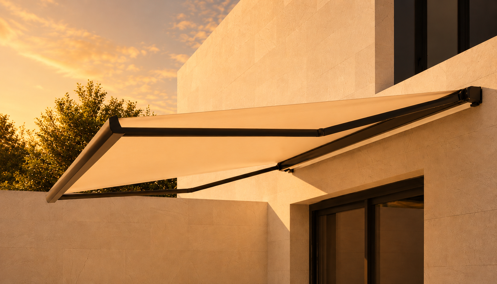 Auvent rétractable beige étendu sur un mur extérieur en pierre claire au coucher du soleil avec des arbres en arrière-plan.