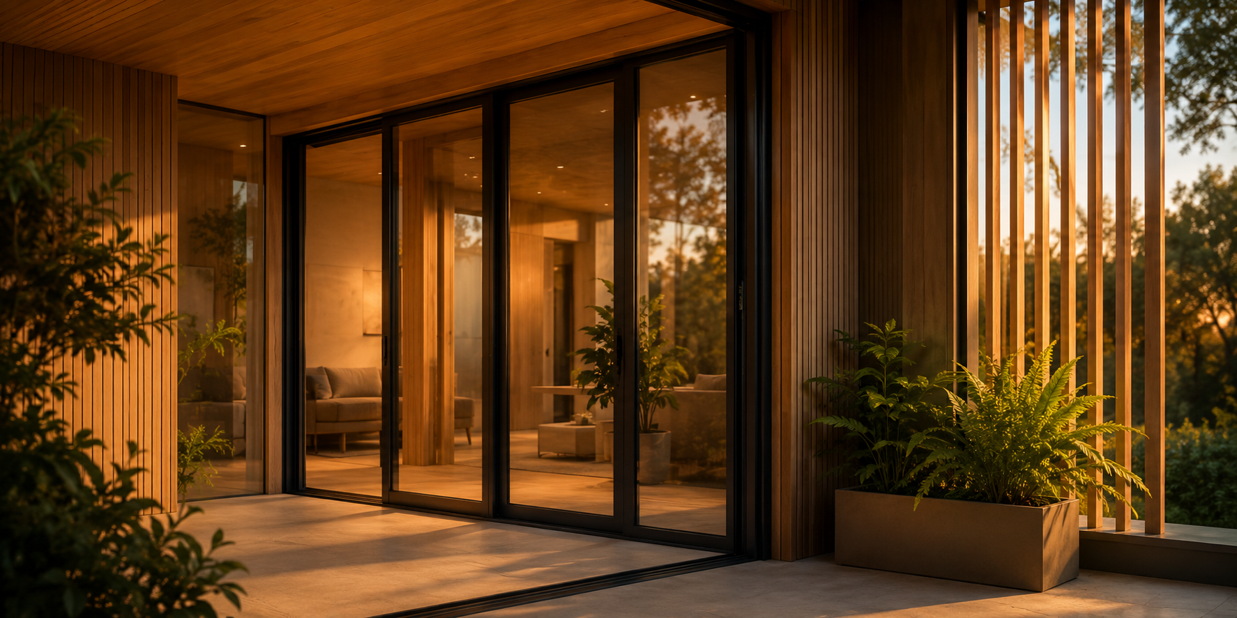 Terrasse moderne en bois avec grandes baies vitrées coulissantes donnant sur un salon intérieur éclairé par une lumière chaude du coucher de soleil, avec des plantes vertes et un cadre naturel autour.