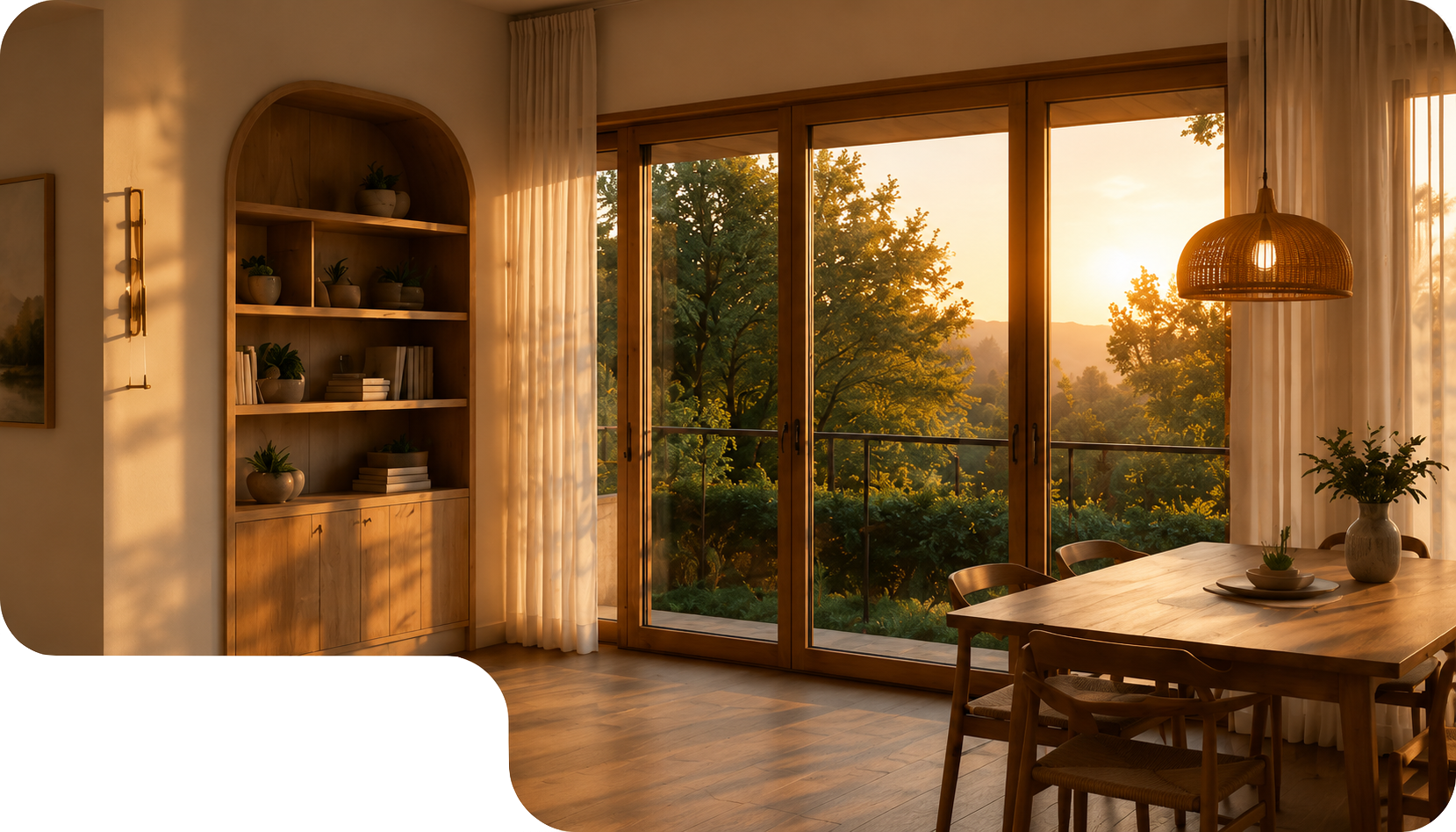 Salle à manger en bois éclairée par le coucher de soleil avec grandes portes vitrées et vue sur les arbres.