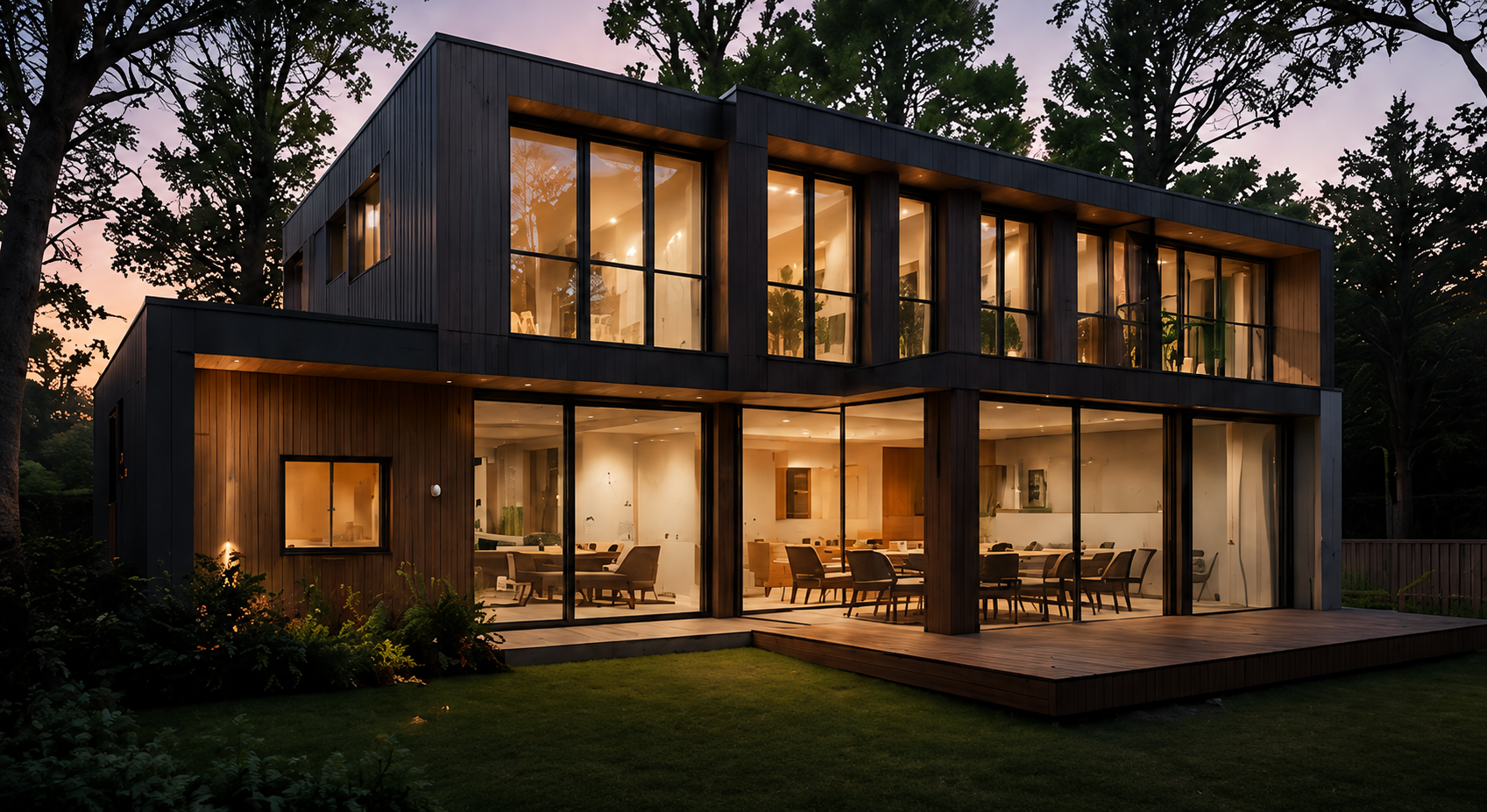 Maison moderne en bois avec grandes fenêtres éclairées au crépuscule entourée d'arbres et pelouse verte.