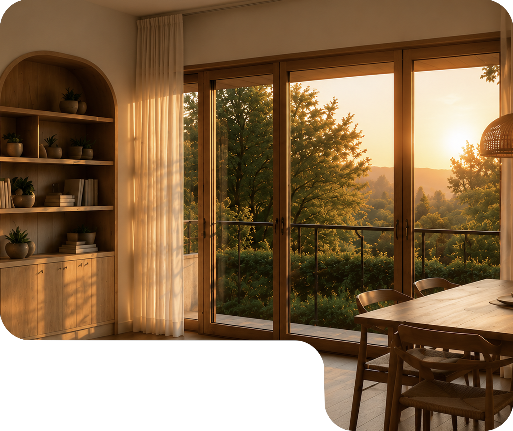 Intérieur chaleureux avec bibliothèque, table en bois, grandes fenêtres donnant sur forêt au coucher du soleil.