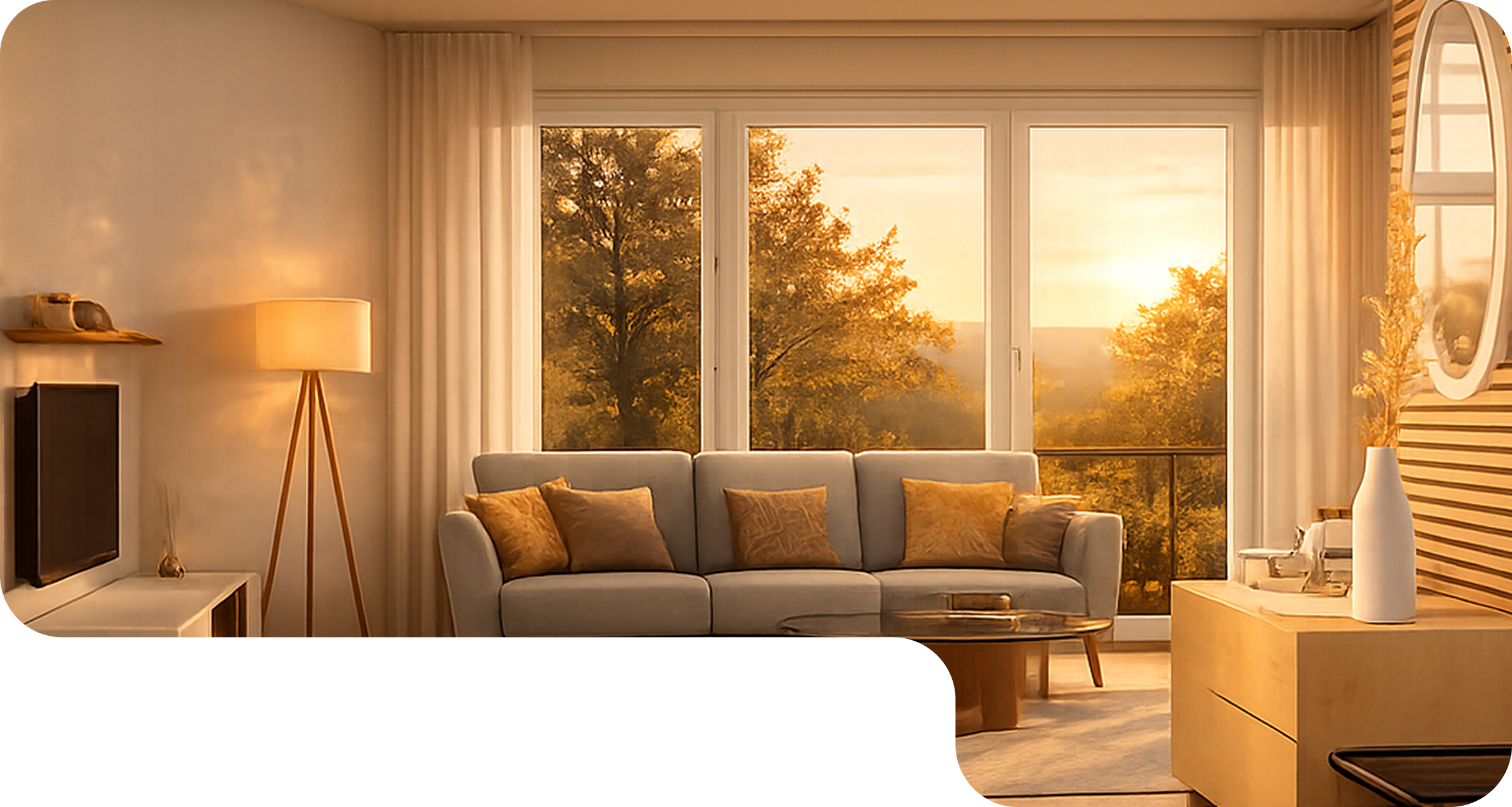 Salle à manger en bois éclairée par le coucher de soleil avec grandes portes vitrées et vue sur les arbres.