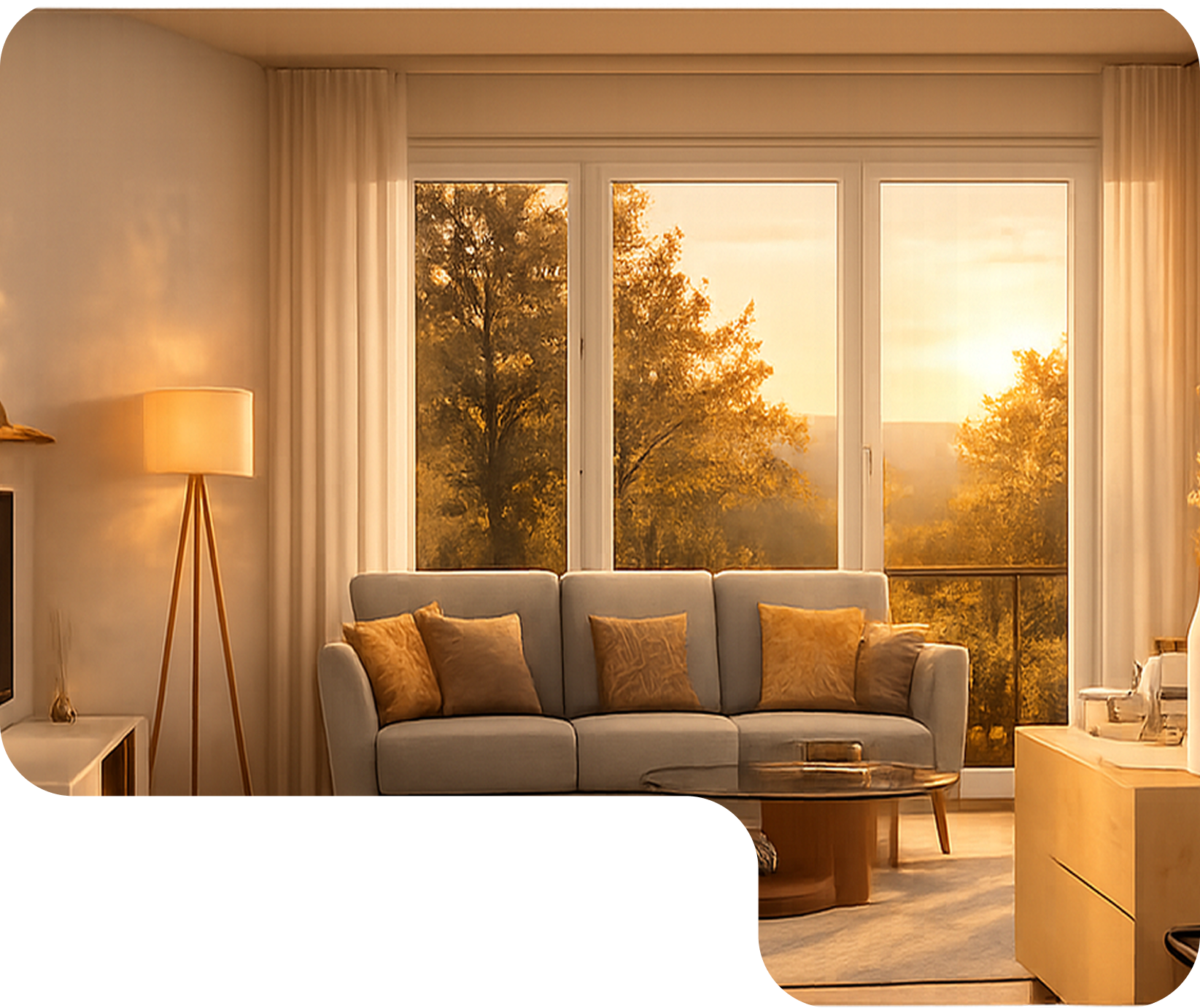 Intérieur chaleureux avec bibliothèque, table en bois, grandes fenêtres donnant sur forêt au coucher du soleil.