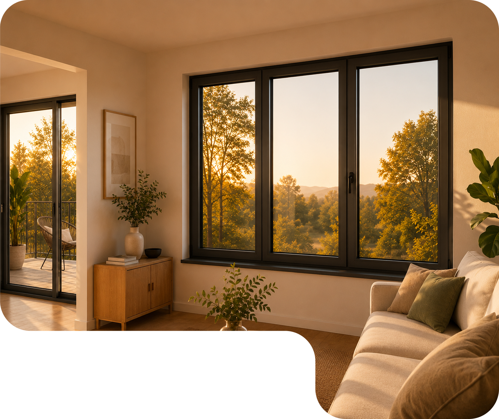 Intérieur chaleureux avec bibliothèque, table en bois, grandes fenêtres donnant sur forêt au coucher du soleil.