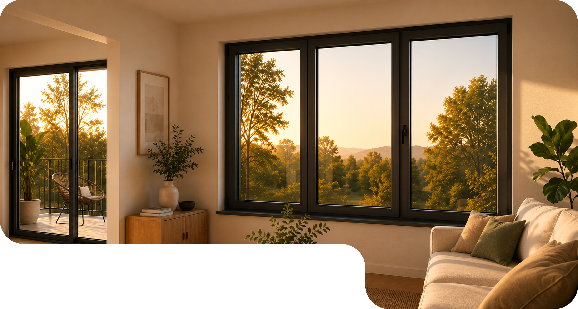 Salle à manger en bois éclairée par le coucher de soleil avec grandes portes vitrées et vue sur les arbres.