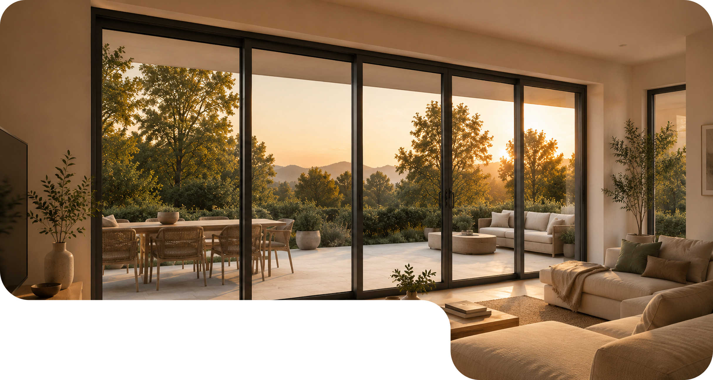 Salle à manger en bois éclairée par le coucher de soleil avec grandes portes vitrées et vue sur les arbres.