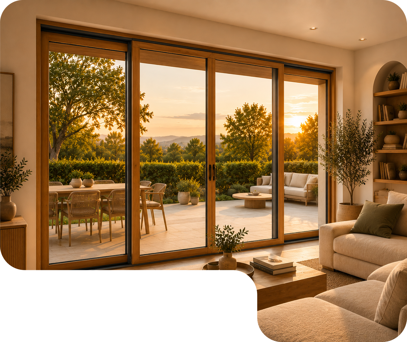 Intérieur chaleureux avec bibliothèque, table en bois, grandes fenêtres donnant sur forêt au coucher du soleil.
