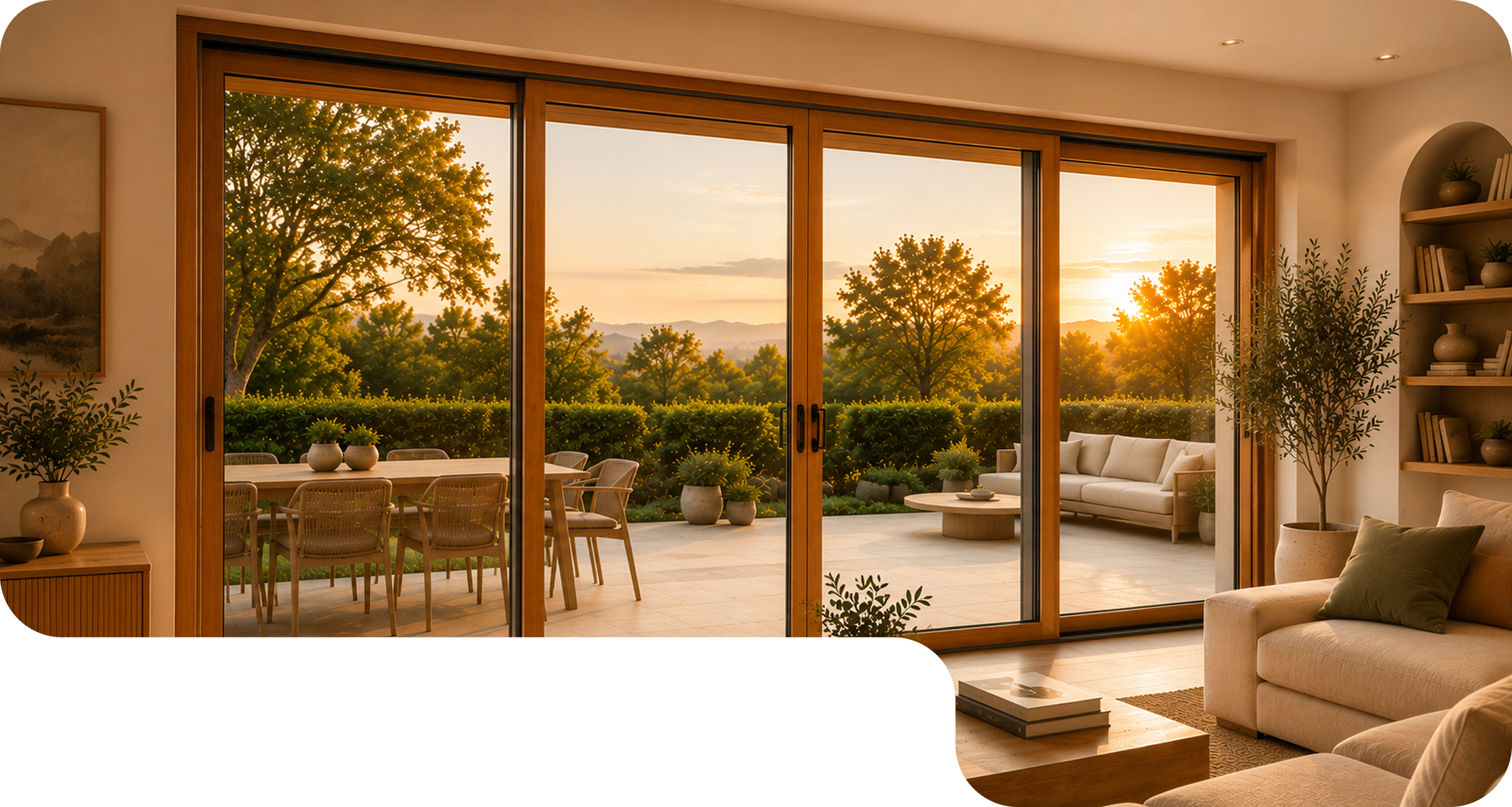Salle à manger en bois éclairée par le coucher de soleil avec grandes portes vitrées et vue sur les arbres.