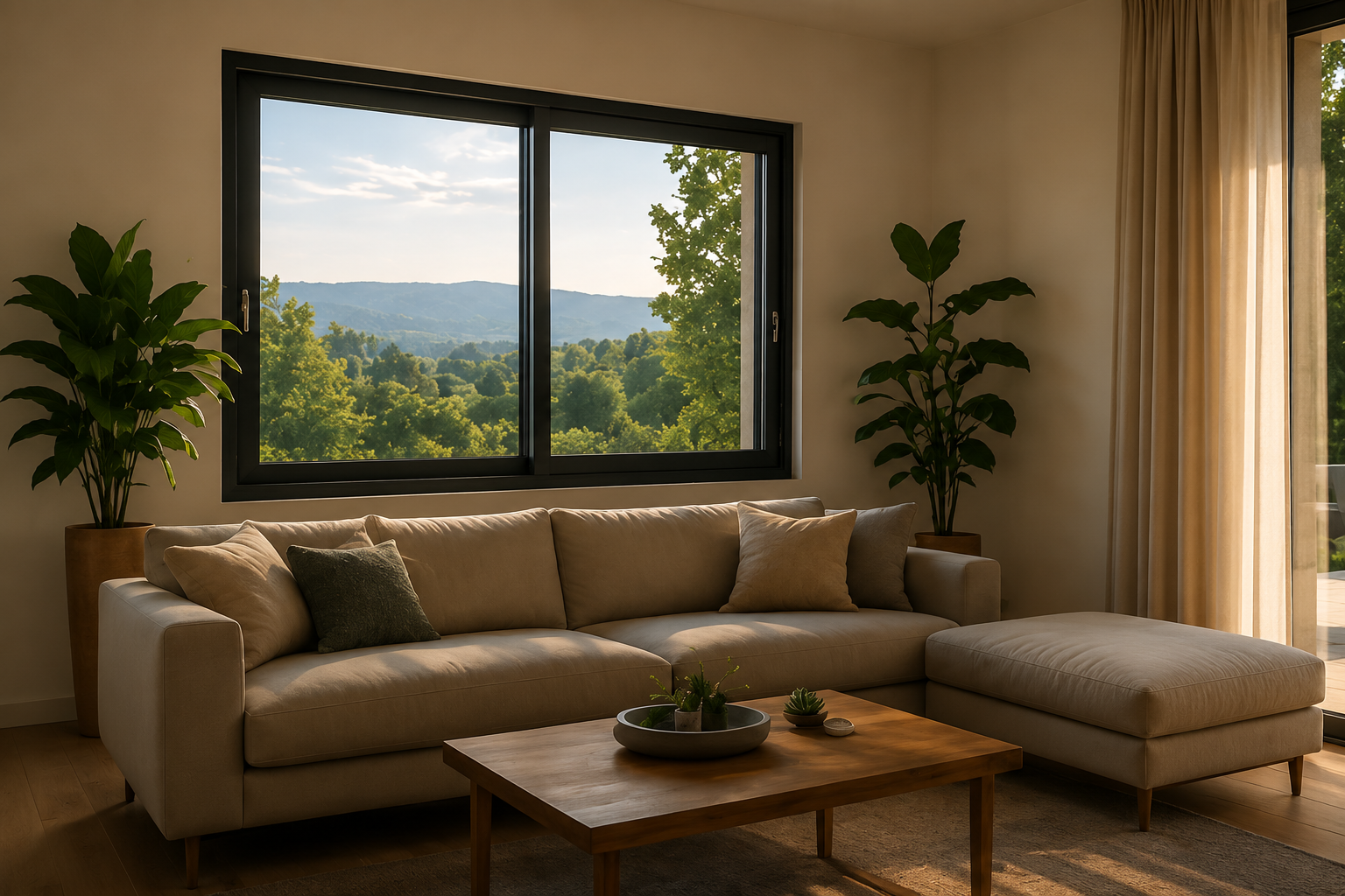 Salle à manger moderne avec grande baie vitrée offrant vue sur arbres et montagnes au coucher du soleil.