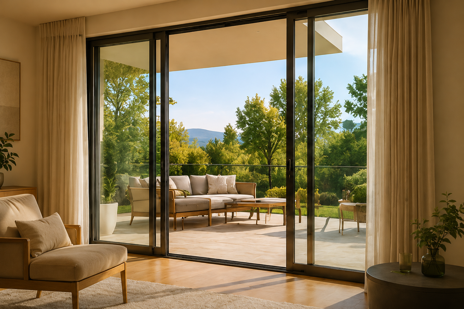Salle à manger moderne avec grande baie vitrée offrant vue sur arbres et montagnes au coucher du soleil.