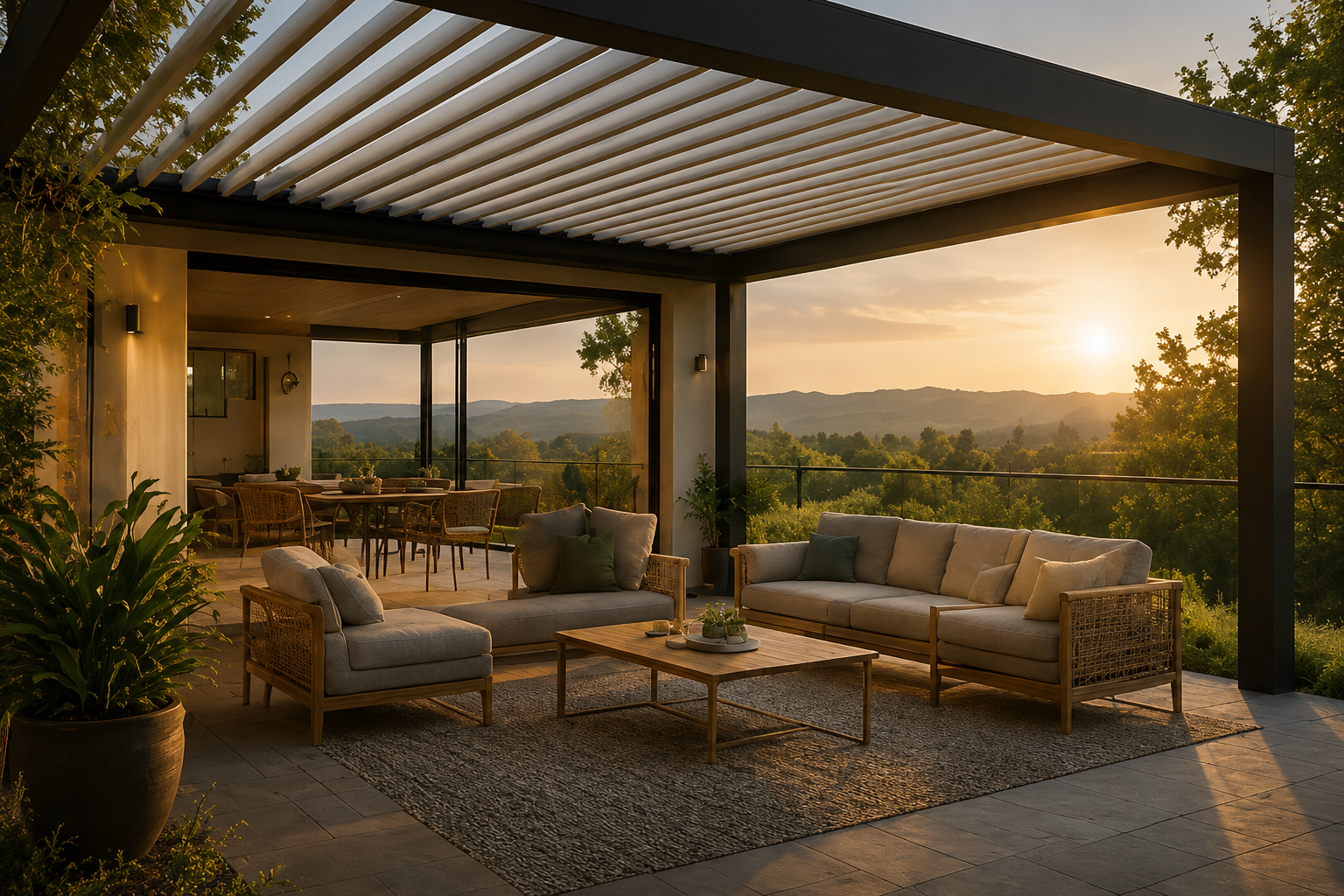 Salle à manger moderne avec grande baie vitrée offrant vue sur arbres et montagnes au coucher du soleil.