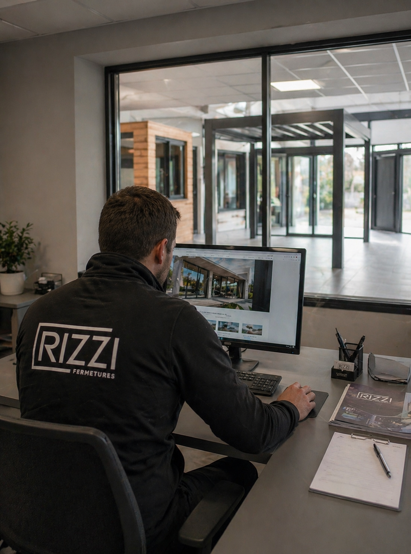 Un homme vu de dos portant une veste noire avec le logo Rizzi Fermetures, travaillant sur un ordinateur à un bureau moderne avec des brochures, un carnet de notes et des stylos, dans un espace lumineux avec de grandes fenêtres.