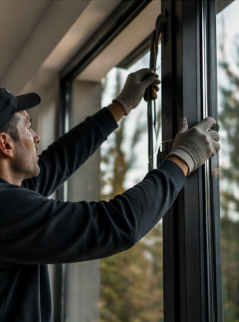 Un ouvrier portant une casquette et des gants installe ou répare une grande fenêtre en verre avec un outil dans une maison avec vue sur des arbres.