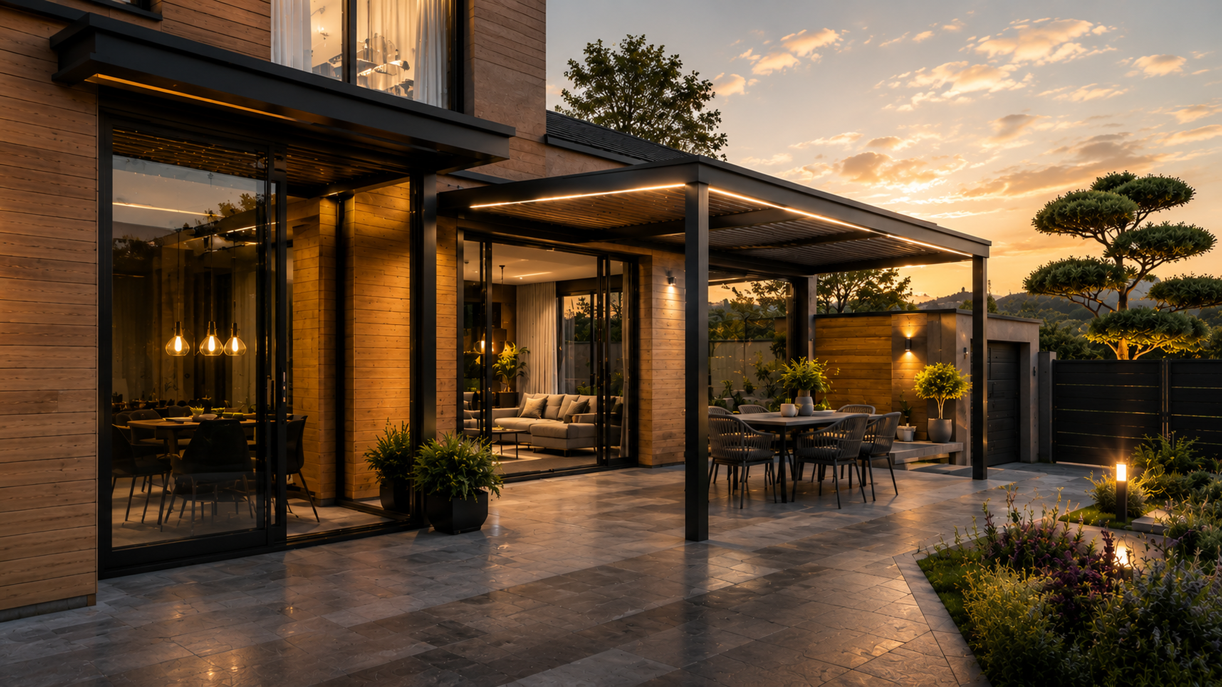 Maison moderne en bois avec grandes baies vitrées, terrasse éclairée au crépuscule, salon et salle à manger visibles, mobilier extérieur, plantes décoratives, ciel nuageux et jardin bien entretenu.