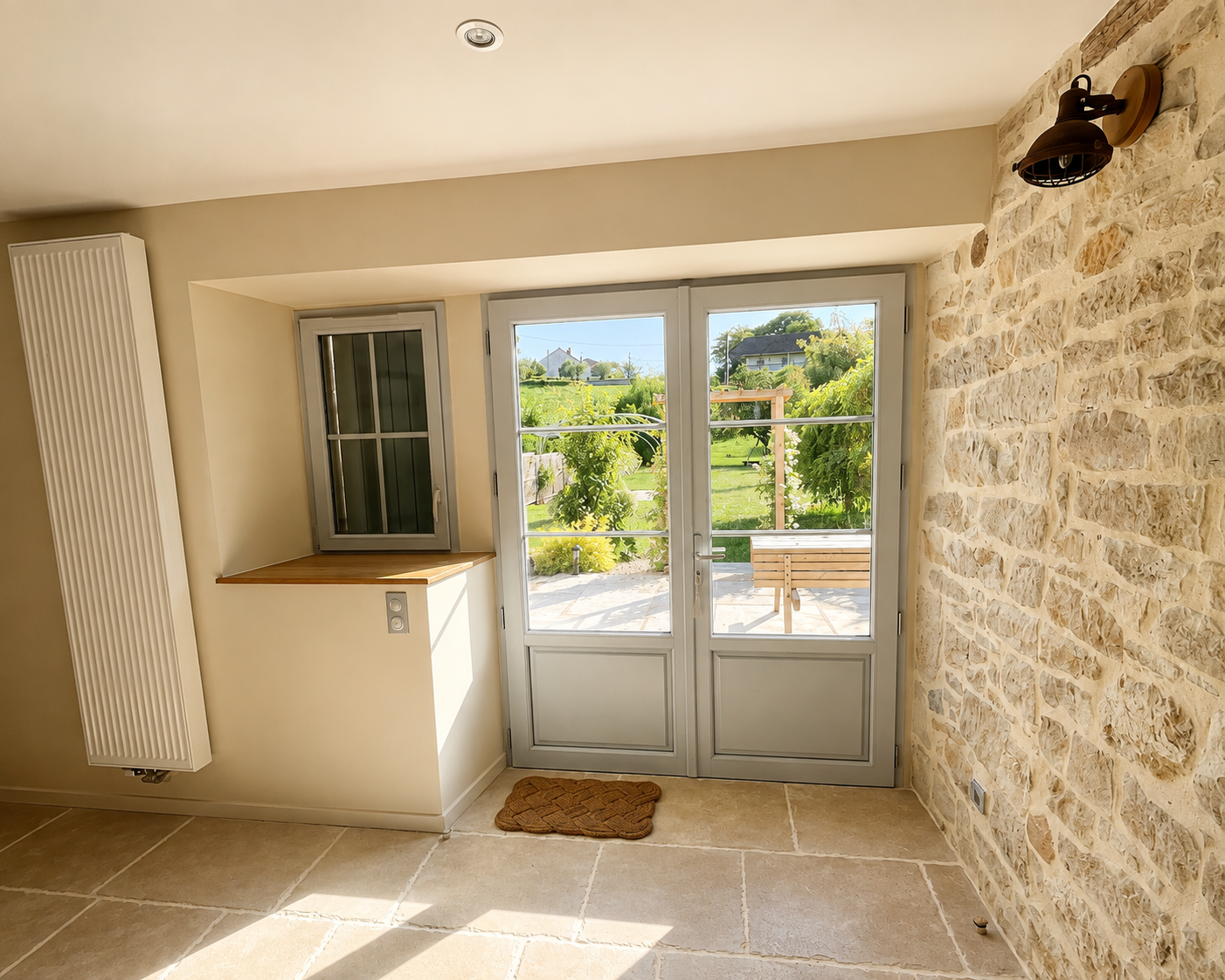 Porte-fenêtre grise ouvrant sur un jardin avec banc en bois, à l'intérieur mur en pierre, carrelage clair et radiateur blanc, sous une lumière naturelle éclatante.