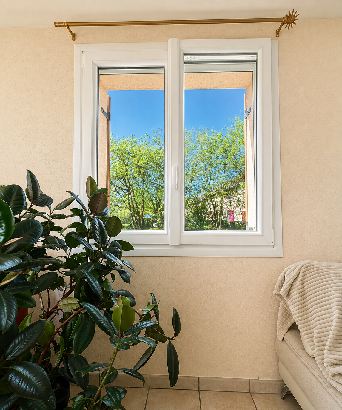 Fenêtre blanche ouverte dans un mur beige donnant sur des arbres verts sous un ciel bleu, avec une plante verte à feuilles larges à gauche et un canapé beige avec une couverture à droite.