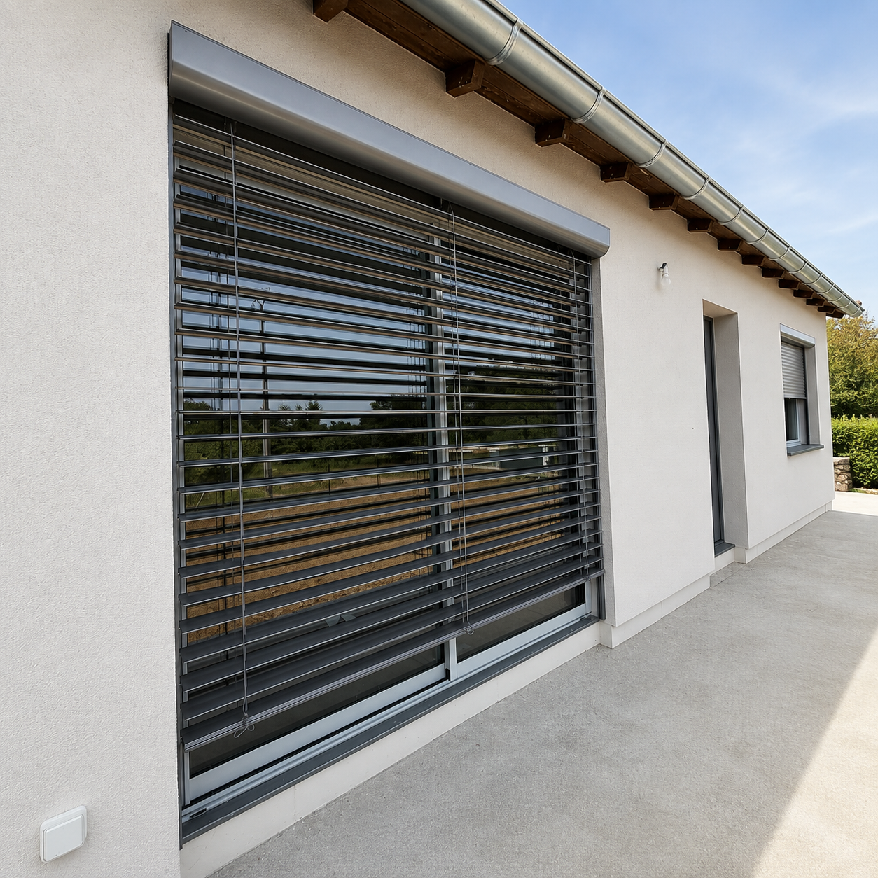 Façade d'une maison moderne avec une grande fenêtre coulissante à stores métalliques horizontaux et un petit porche à droite, sous un ciel bleu clair.