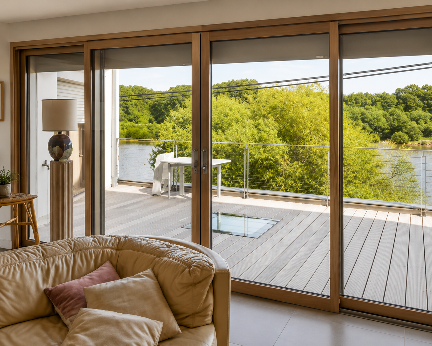 Vue d'un salon avec canapé beige et coussins, une lampe sur un piédestal, et une grande baie vitrée donnant sur une terrasse en bois avec une table, des chaises, des arbres verts et un plan d'eau en arrière-plan.