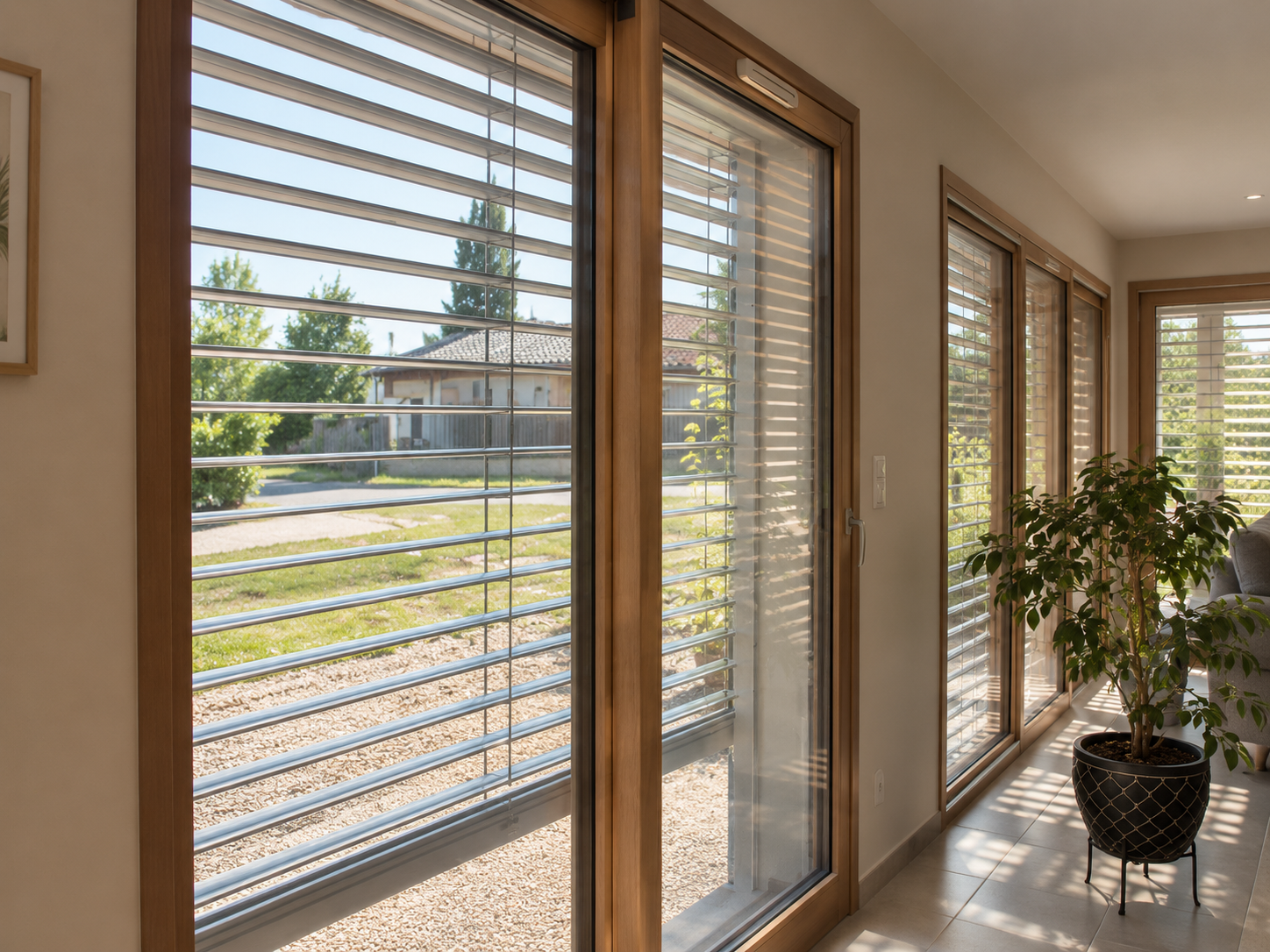 Intérieur d'une maison avec plusieurs grandes fenêtres vitrées à encadrement bois équipées de stores vénitiens et une plante en pot sur un pied en métal sur un sol carrelé.