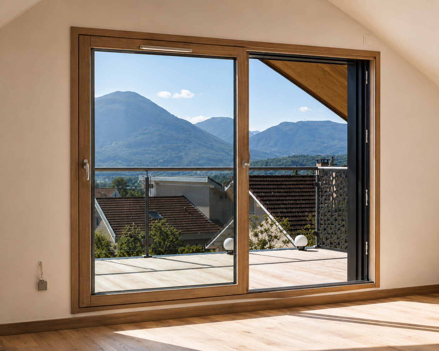 Vue depuis l'intérieur d'une pièce vide vers une terrasse en bois avec rambarde en verre et un paysage de montagnes et toits de maison en arrière-plan sous un ciel bleu.
