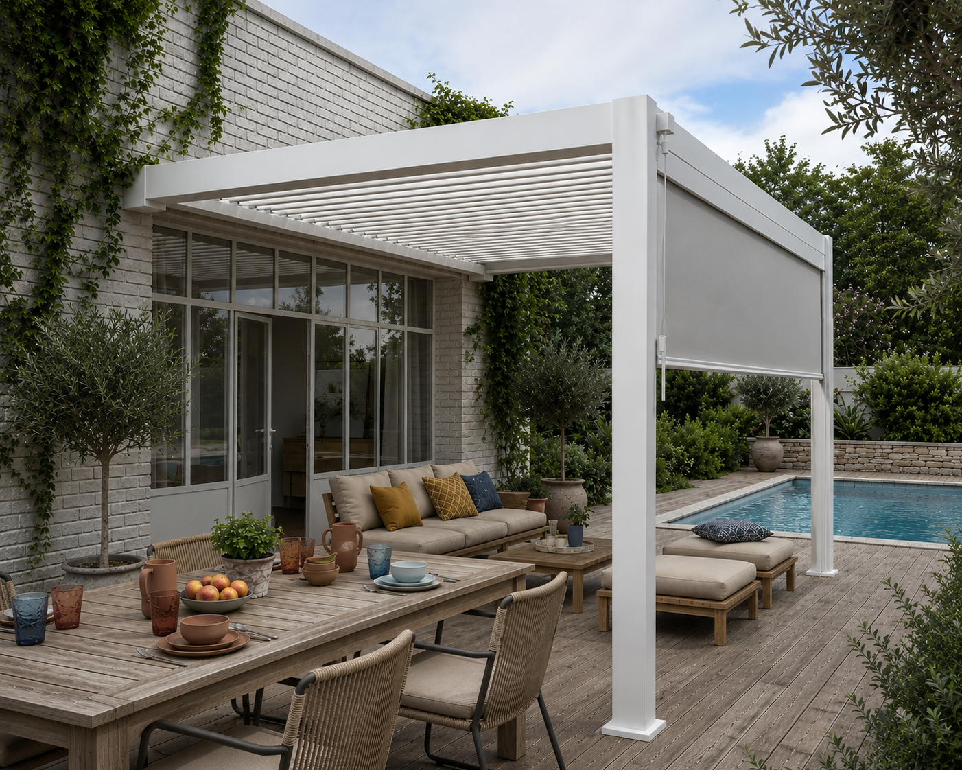 Terrasse extérieure avec canapé beige, table en bois avec vaisselle et fruits, pergola blanche, plantes en pots, et piscine entourée de verdure.