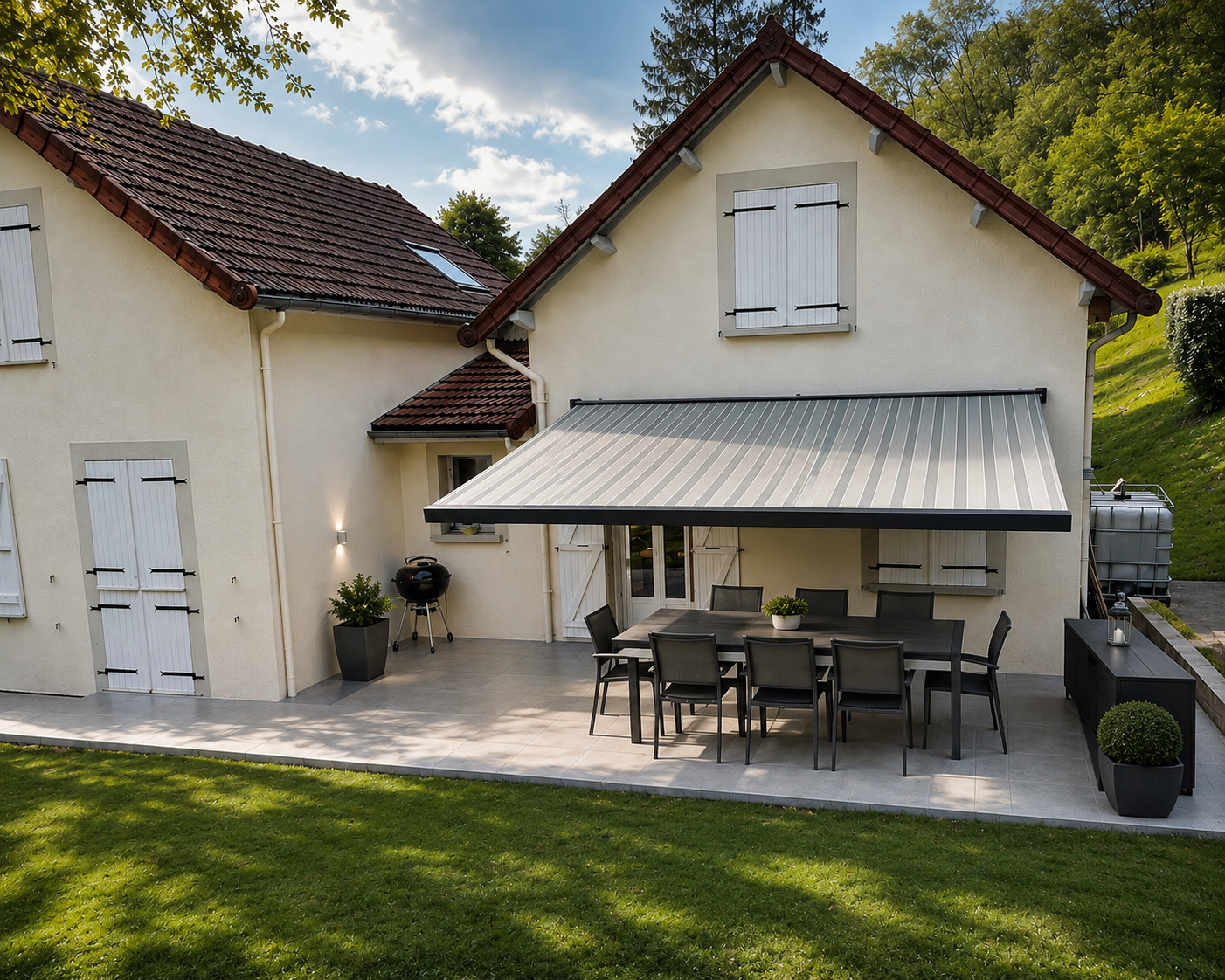 Terrasse d'une maison avec une grande table noire entourée de huit chaises, un store rétractable rayé, un barbecue noir et des plantes en pot, sur un sol carrelé avec pelouse verte au premier plan.