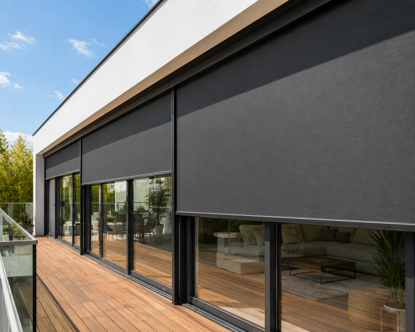 Façade moderne avec grandes baies vitrées protégées par des stores extérieurs noirs, terrasse en bois et mobilier visible à l'intérieur.