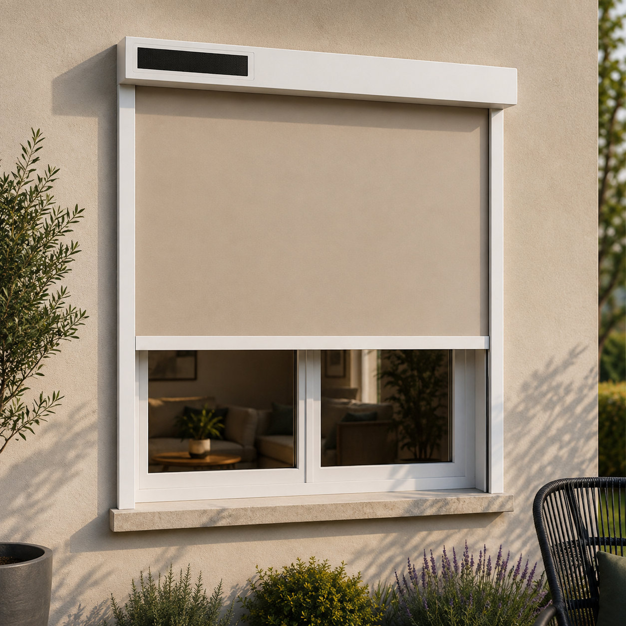 Fenêtre moderne avec store extérieur beige partiellement baissé, mur en crépi clair, pot de plante à gauche et chaise en rotin noire à droite dans un jardin soigné.