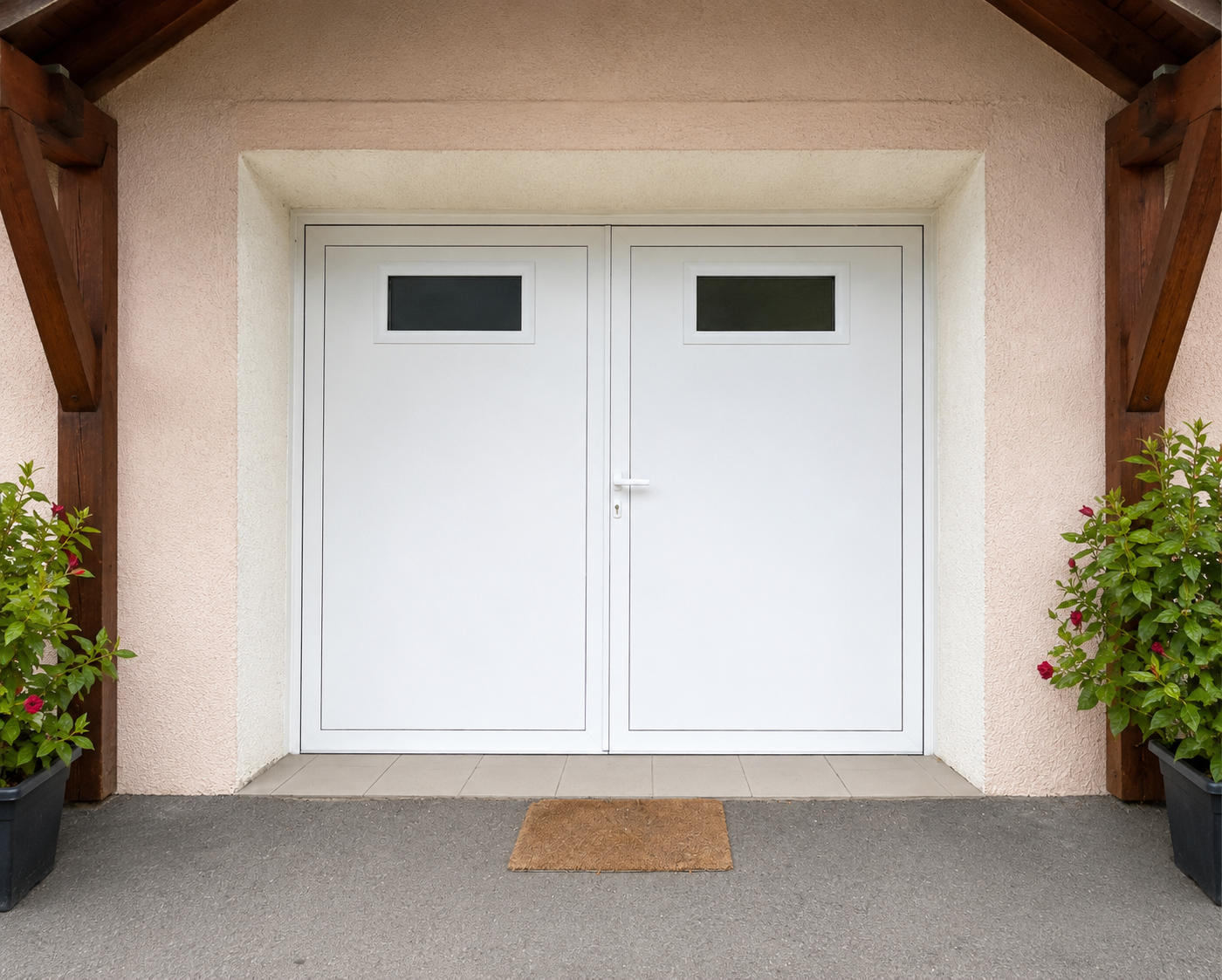Porte d'entrée double blanche avec deux fenêtres rectangulaires en hauteur, encadrée par un mur rose clair, un paillasson brun devant, et deux pots de fleurs de chaque côté.