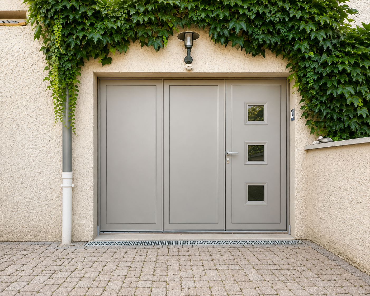 Porte de garage moderne grise avec une porte latérale intégrée comportant trois petites fenêtres carrées sur un mur beige couvert de vigne verte.