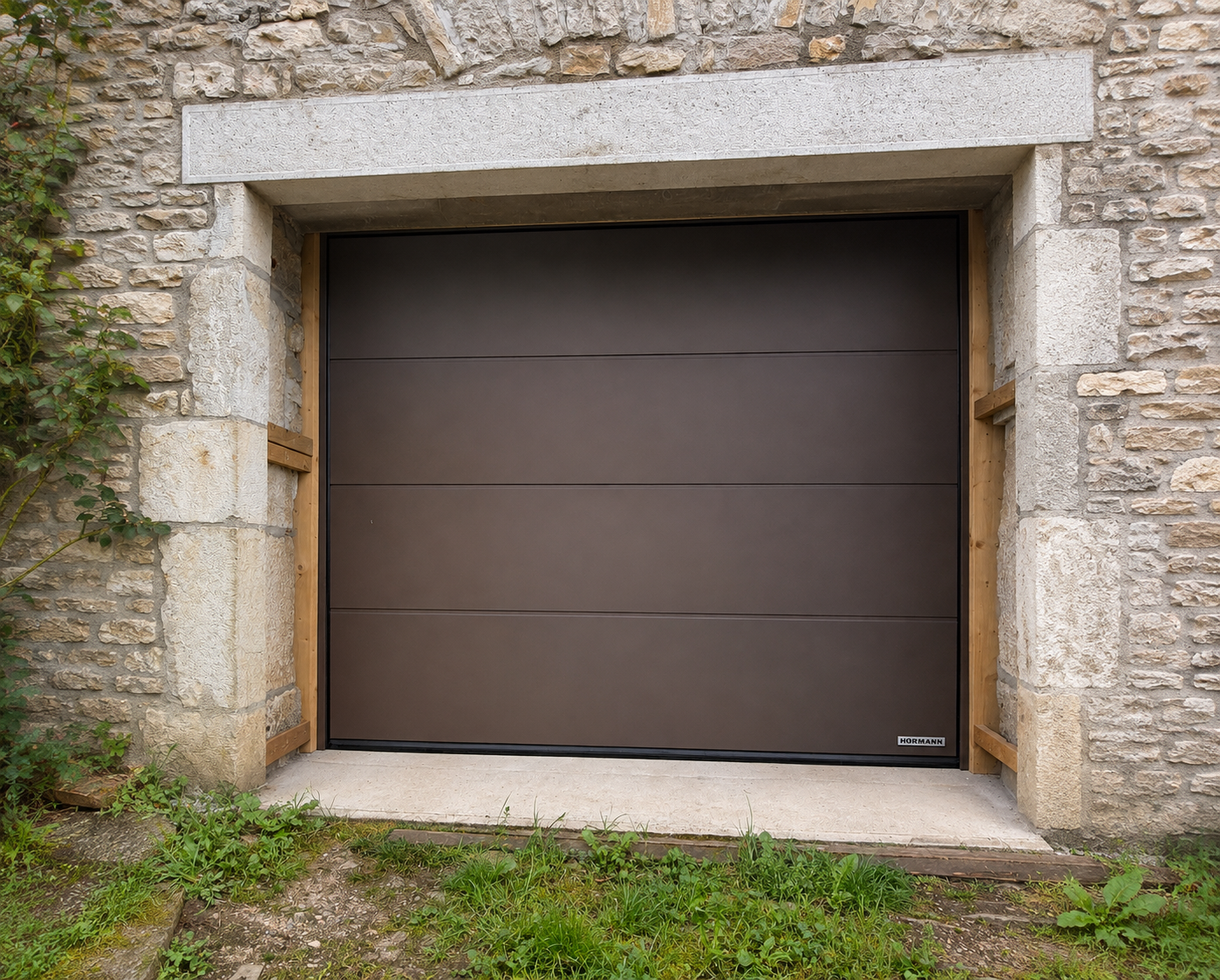 Porte de garage moderne en métal brun installée dans un mur en pierre avec une végétation verte au sol.