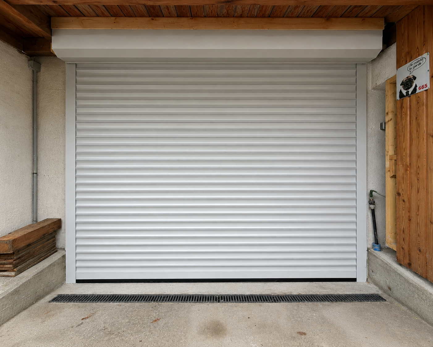 Porte de garage métallique blanche enroulable fermée, encadrée par des murs clairs et des éléments en bois, avec un drain au sol devant.