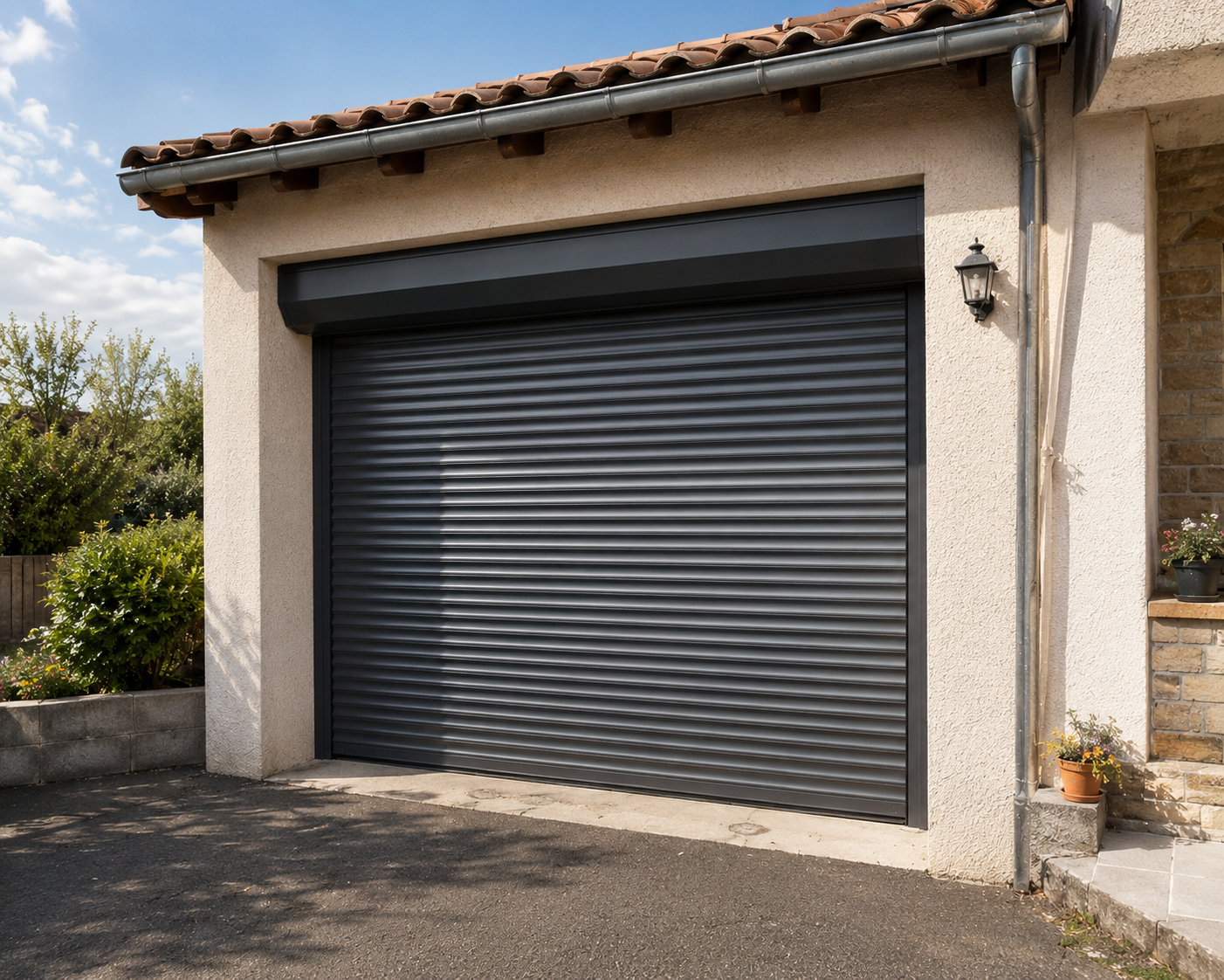 Porte de garage roulante en métal gris foncé fermée sur une maison avec toiture en tuiles et mur beige, à côté un lampadaire mural et des plantes en pot.