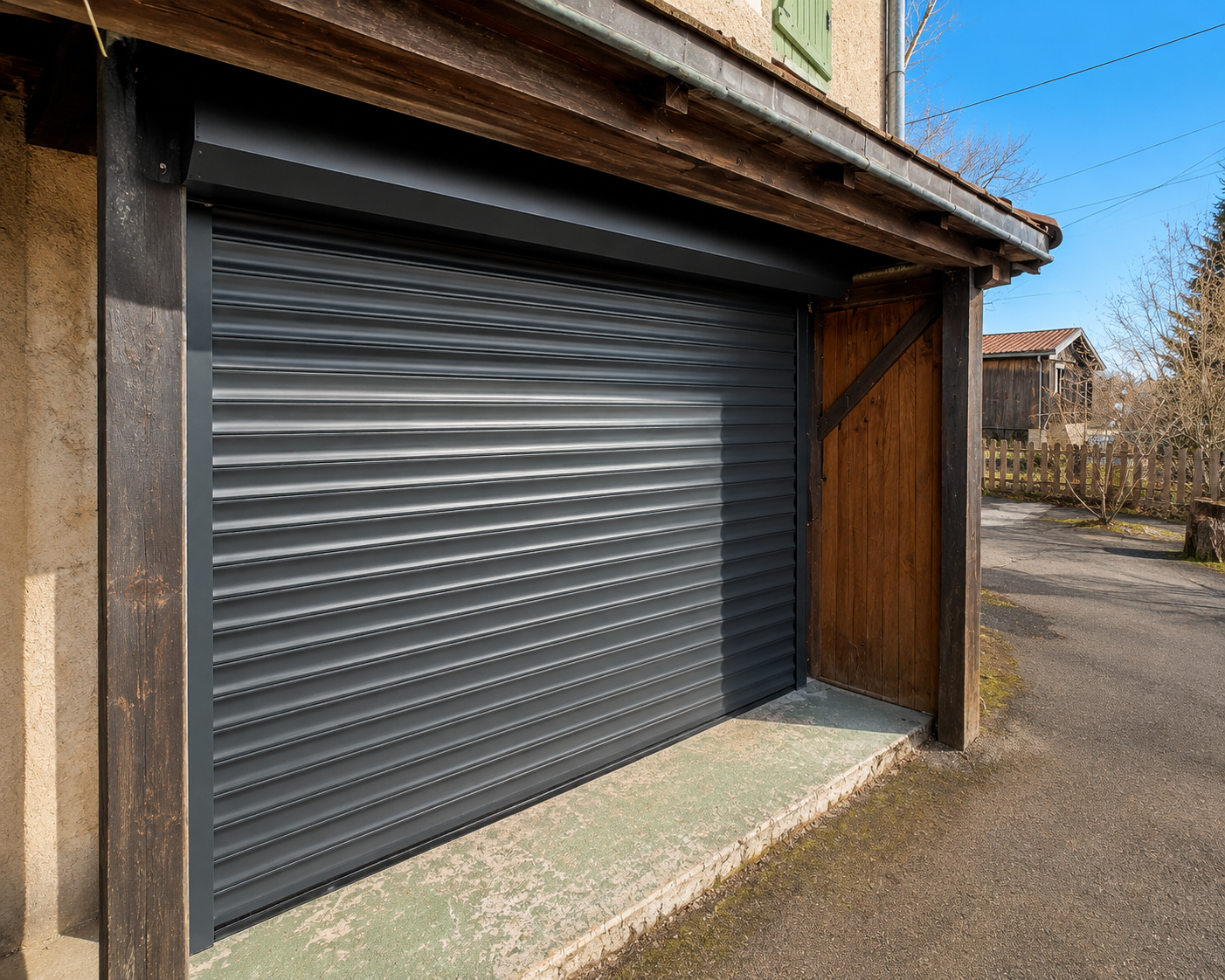 Porte de garage roulante grise intégrée à une façade en bois et crépi, avec allée pavée et jardin dégarni en arrière-plan sous un ciel bleu.