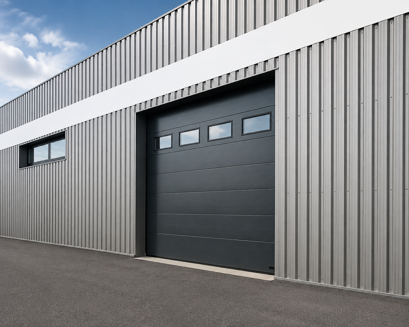 Extérieur d'un bâtiment industriel avec une grande porte noire sectionnelle dotée de quatre fenêtres rectangulaires et une façade en panneaux métalliques gris clair sous un ciel partiellement nuageux.