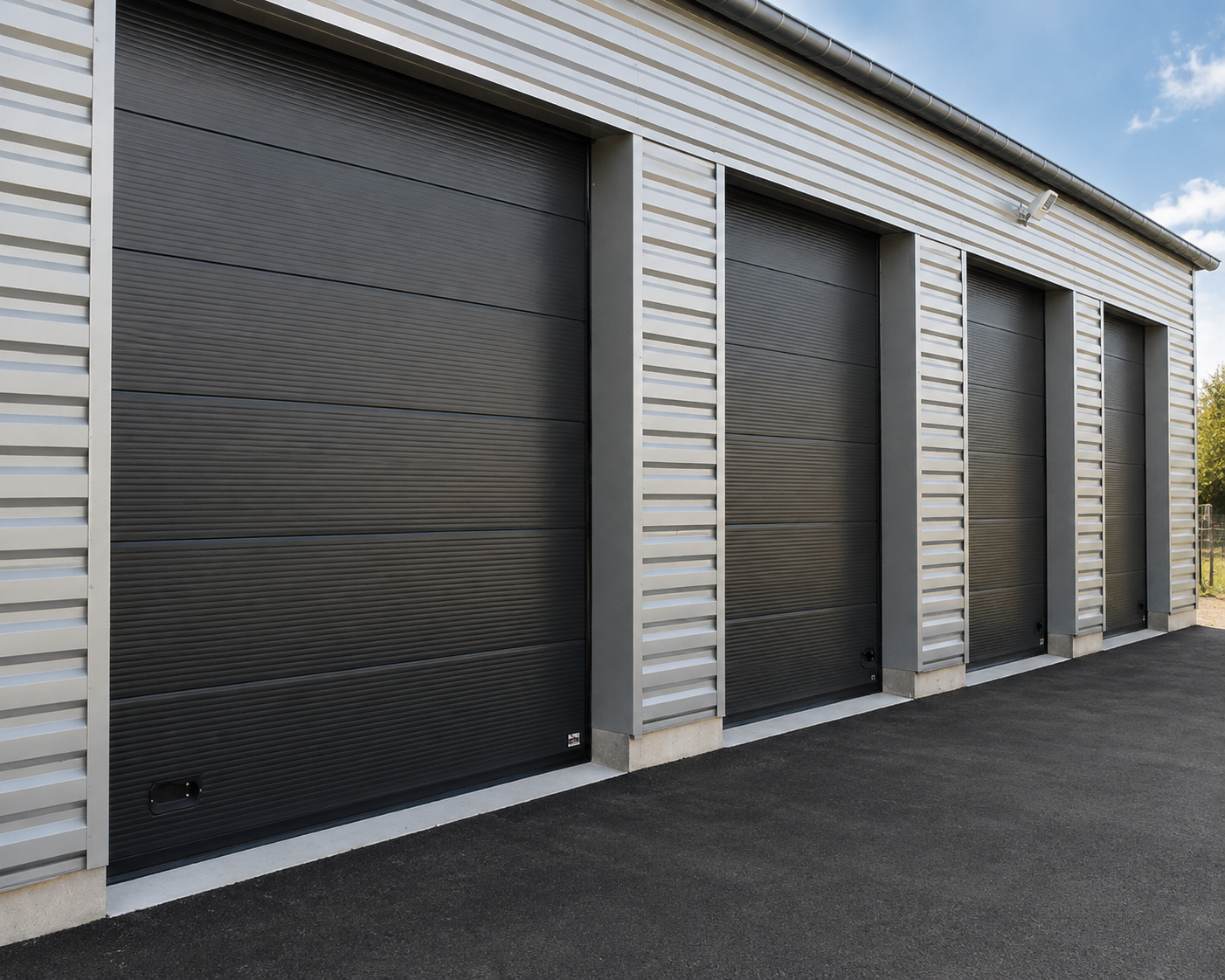 Quatre portes de garage roulantes noires sur un bâtiment industriel en métal avec un sol asphalté sous un ciel bleu partiellement nuageux.