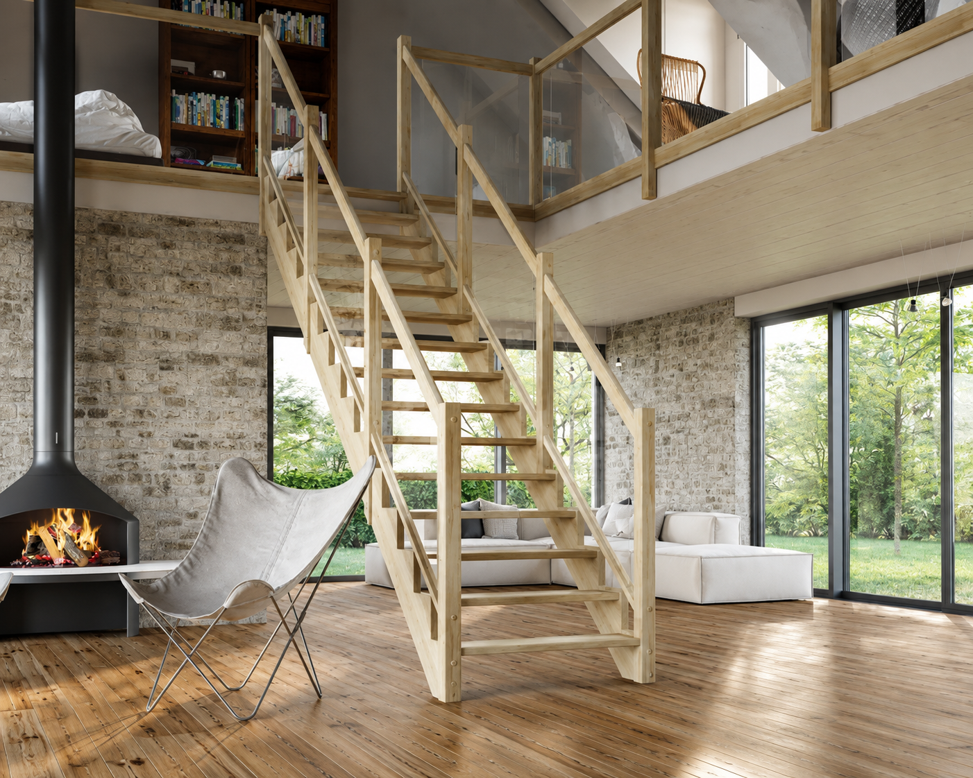Intérieur moderne avec escalier en bois clair, cheminée noire suspendue avec feu, fauteuil gris, canapé blanc et grandes fenêtres donnant sur un jardin verdoyant.