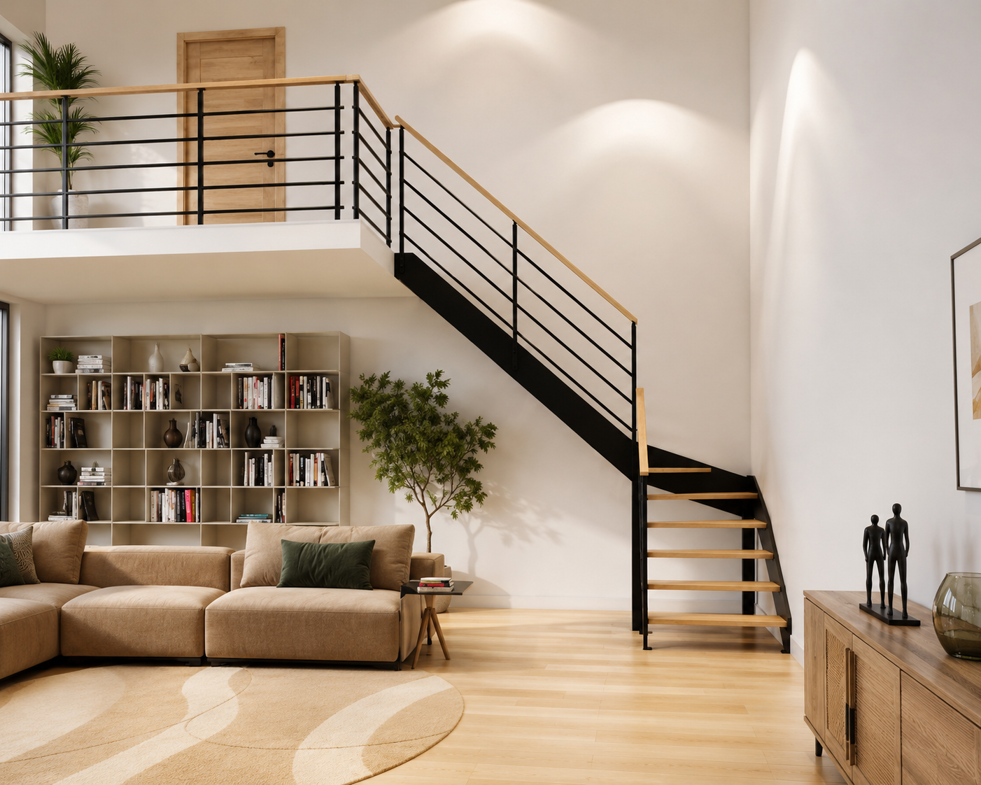 Salon moderne avec canapé beige en forme de L, étagère remplie de livres, escalier en métal noir avec marches en bois, plante verte et meuble en bois avec décorations sur le dessus.