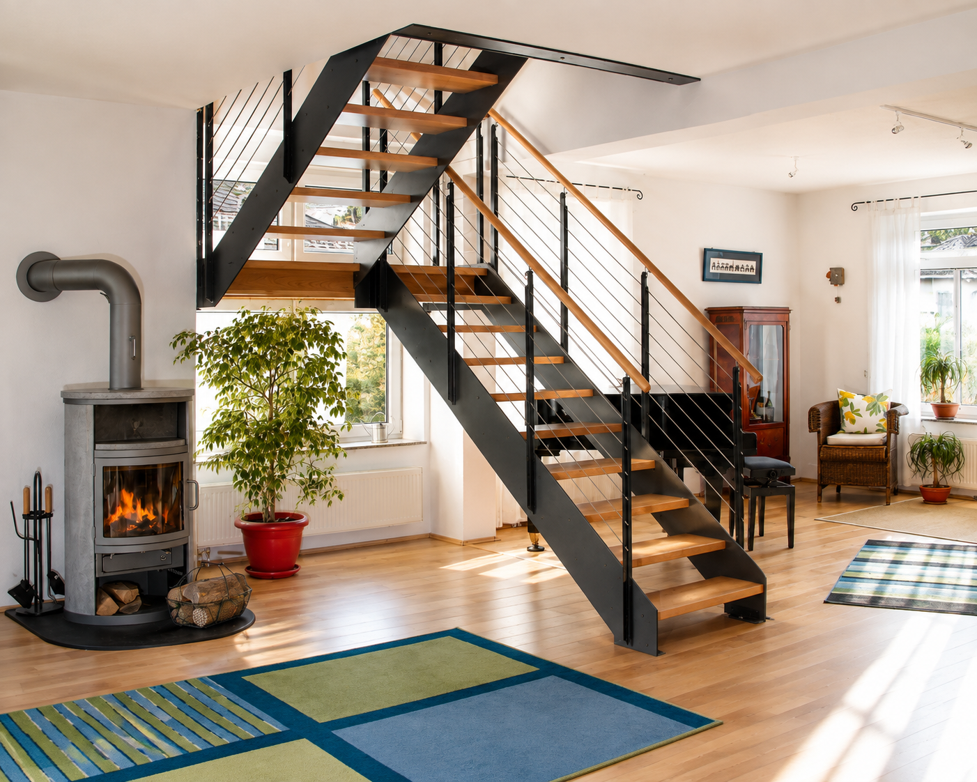Intérieur lumineux avec escalier en bois et métal, poêle à bois allumé, plante en pot rouge, tapis colorés, meuble vitré et fauteuil en osier avec coussin jaune.