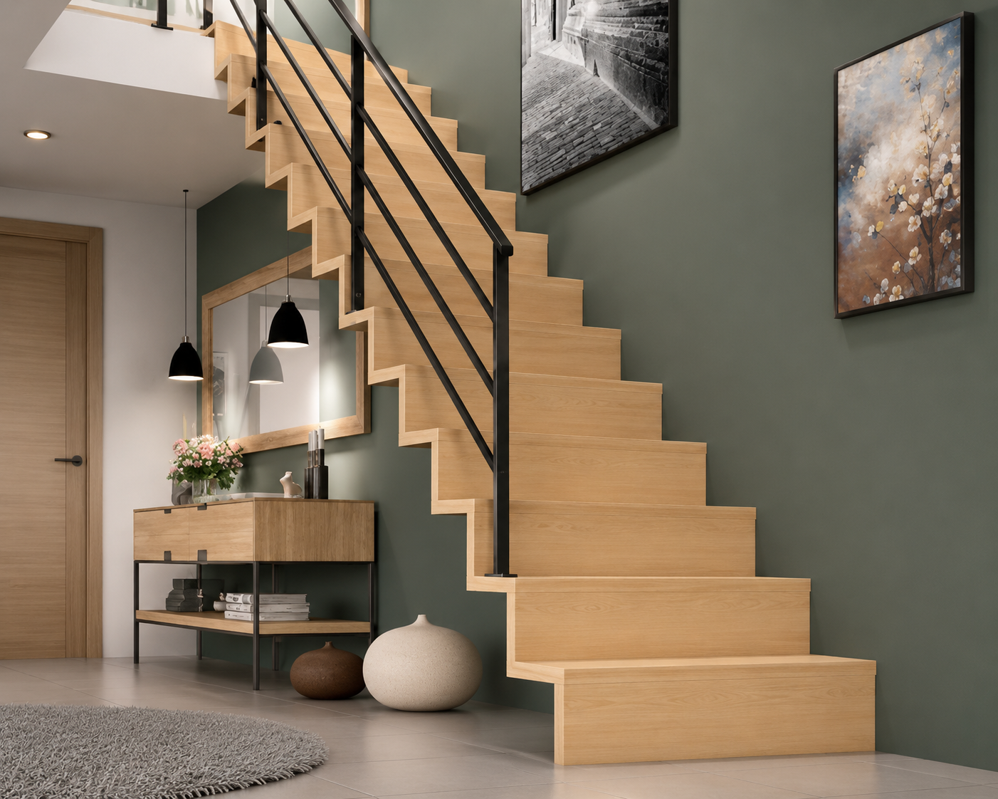 Escalier en bois clair avec rampe noire contre un mur vert foncé, console bois avec miroir, lampes suspendues, décorations et tapis rond gris au sol carrelé.