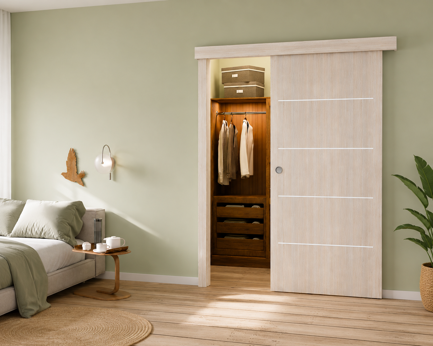 Chambre avec lit beige et vert, table d'appoint en bois avec service à thé, porte coulissante en bois clair ouverte sur un placard avec vestes et boîtes de rangement.