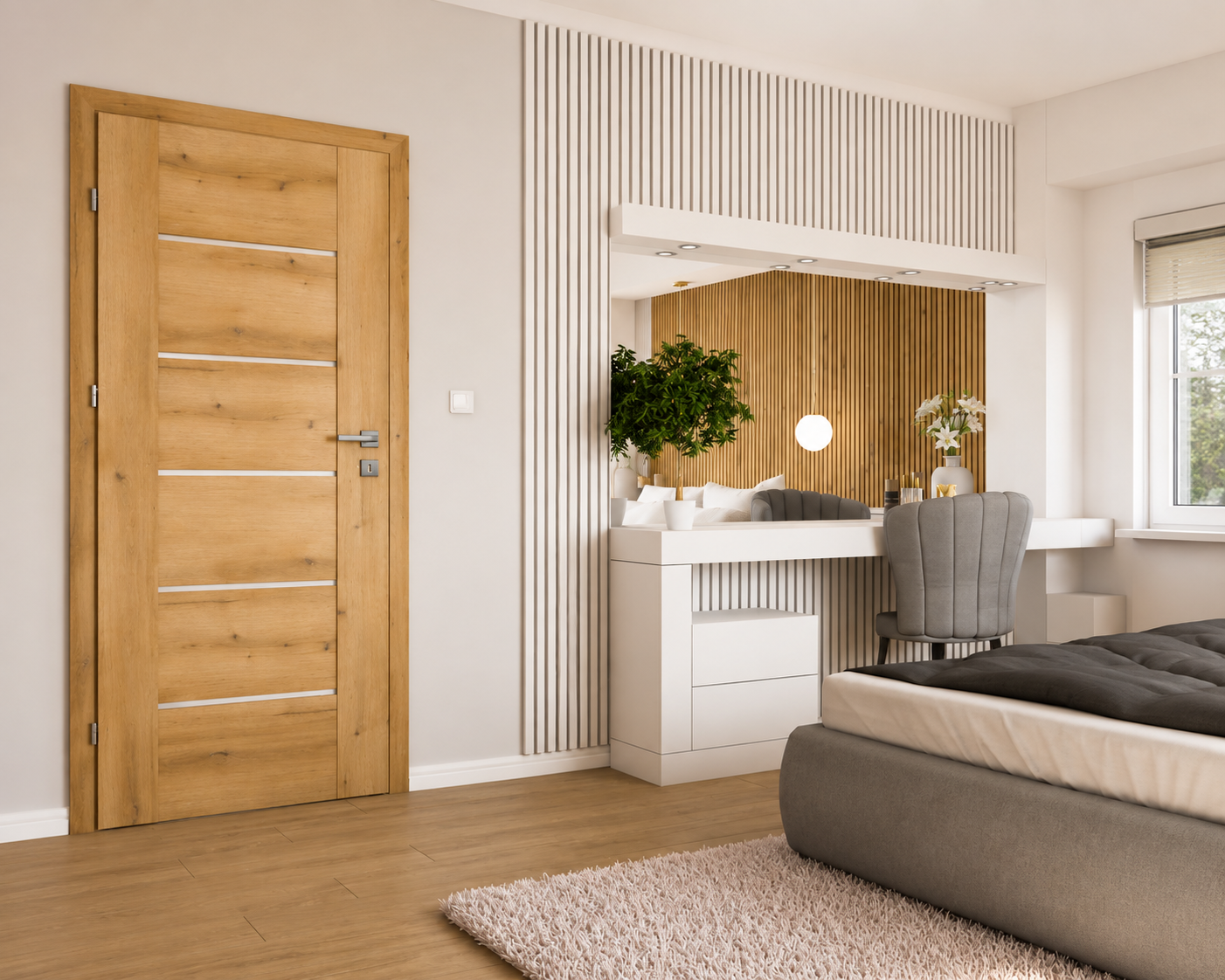 Chambre moderne avec porte en bois clair, bureau blanc avec miroir, chaise grise, plantes vertes, lit gris et tapis beige sur parquet en bois.