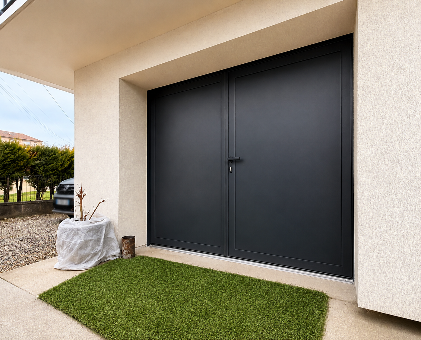 Façade d'entrée avec une grande porte noire double, une jardinière couverte d'un tissu blanc et un tapis vert devant la porte.