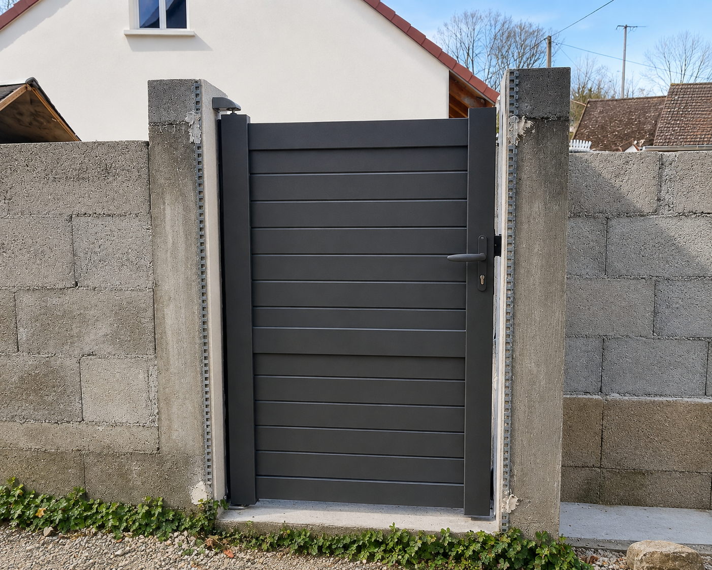Portillon gris foncé en métal avec poignée, encadré par deux piliers en béton et un mur en parpaings autour d'une maison.